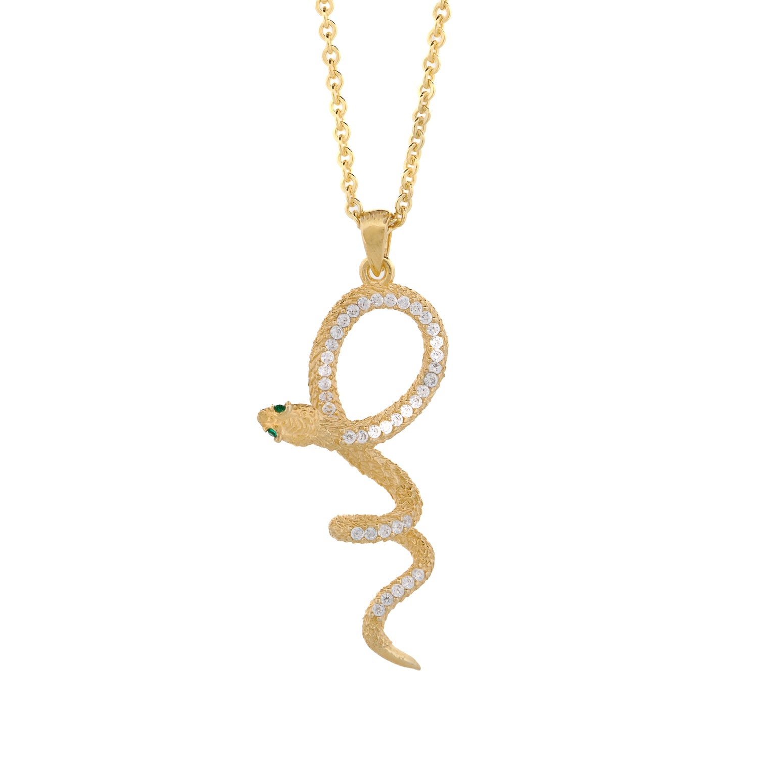 Gold Vermeil Mythology Snake Necklace featuring CZ diamonds, emerald eyes, and an 18K gold-plated snake pendant.
