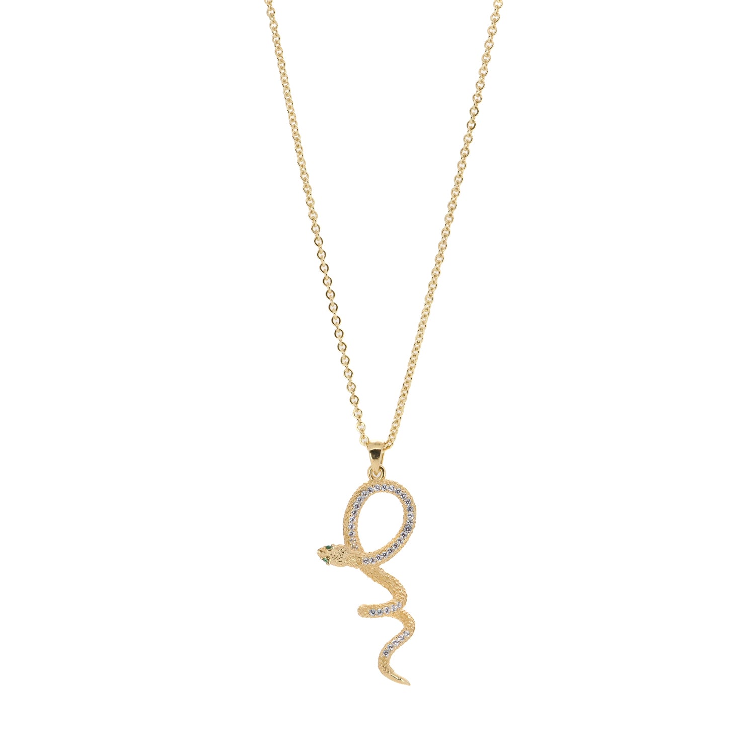 Close-up of a Mythology Snake Necklace with an 18K gold-plated sterling silver pendant and emerald accents.
