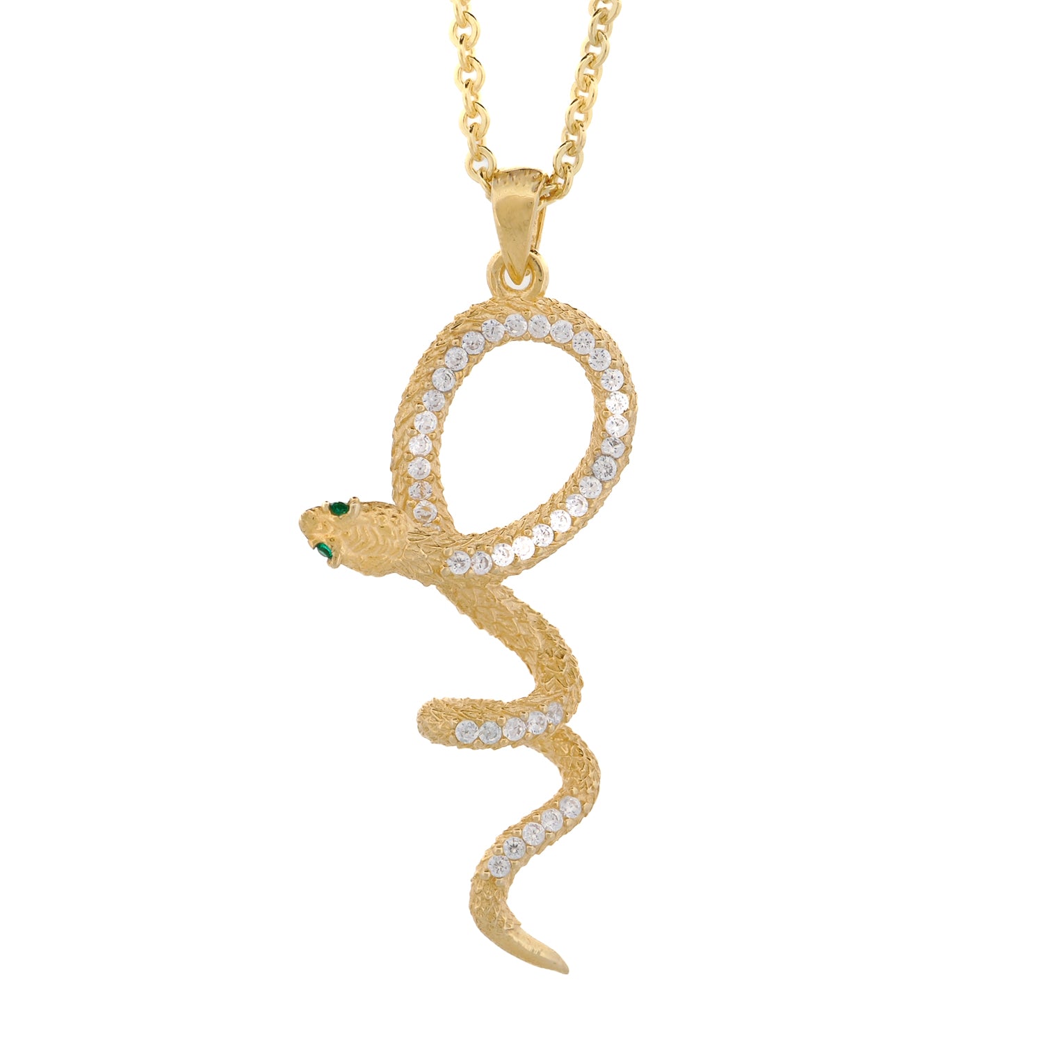 Statement necklace featuring an 18K gold-plated snake pendant with CZ diamonds and emerald eyes on a 22-inch chain.
