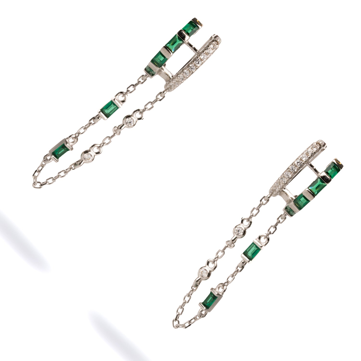Unique Sterling Silver Dangle Earrings with Emerald and Diamond Stones
