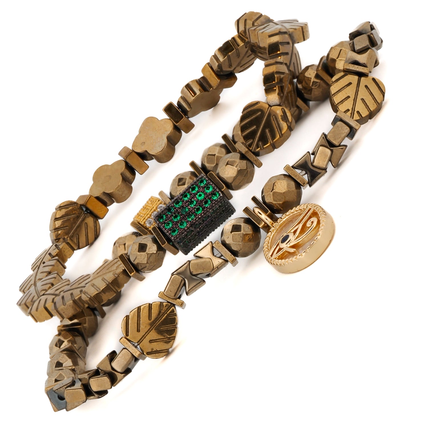 Eye Of Ra Charm Gold Hematite Stone Beaded Bracelet Set