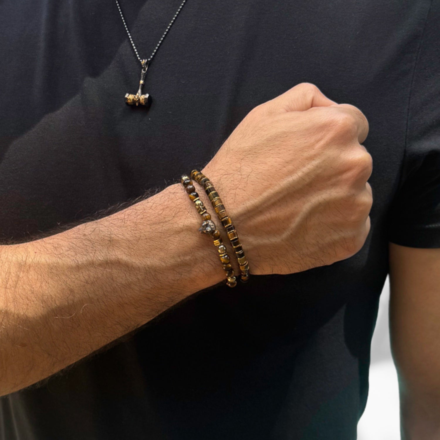 Elegant Tiger's Eye Stone Bracelet for Men with a 6mm bead size and a symbolic bronze wolf centerpiece