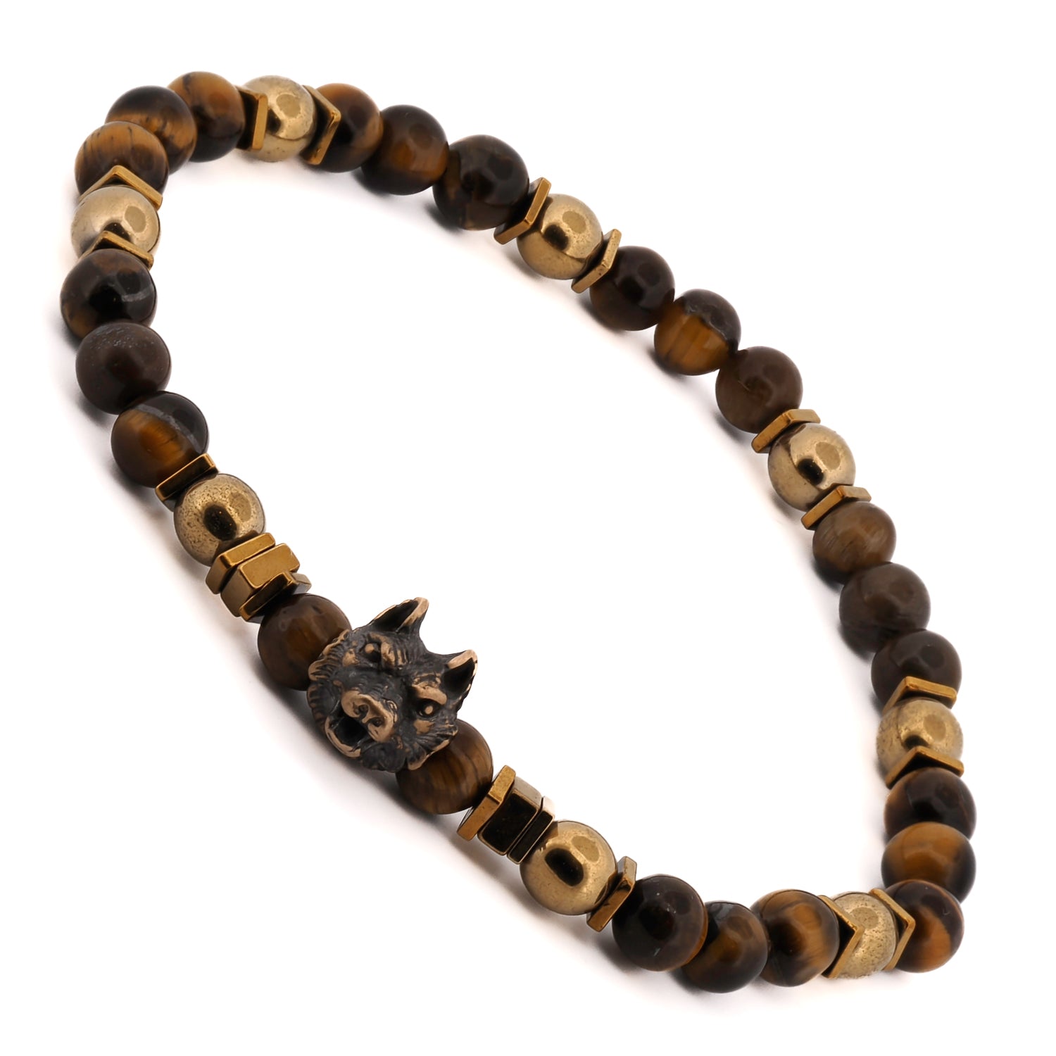Handcrafted Freedom Wolf Bracelet with tiger's eye beads and a bronze wolf charm, designed for grounding and protection