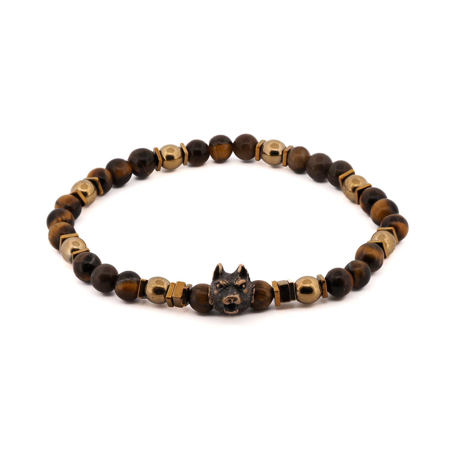 Freedom Wolf Tiger's Eye Stone Men's Bracelet featuring 6mm brown tiger's eye stone beads and a bronze wolf charm