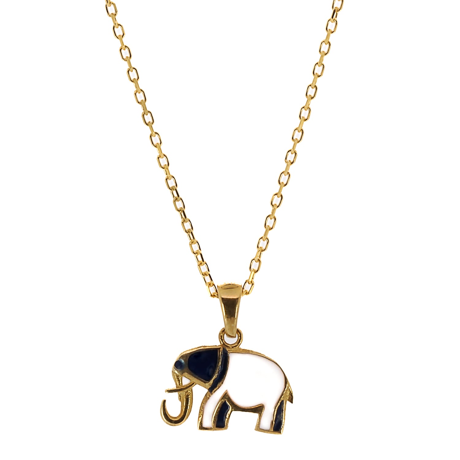Gold Blue And White Elephant Necklace showcasing a lucky elephant pendant intricately designed with sterling silver on 18K gold plated and adorned with white and blue enamel.