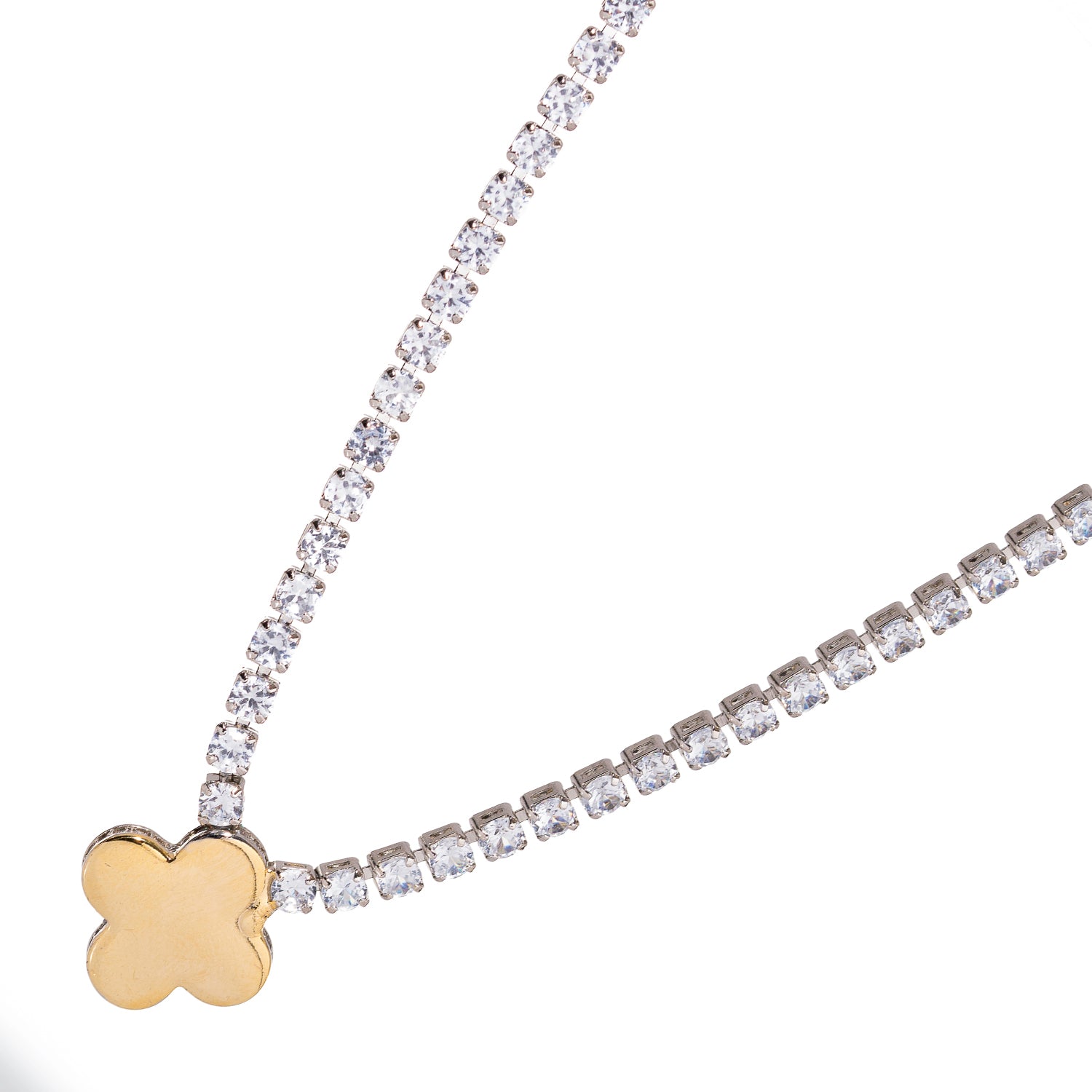 Gold clover pendant on a diamond tennis necklace, perfect for both daily wear and special occasions