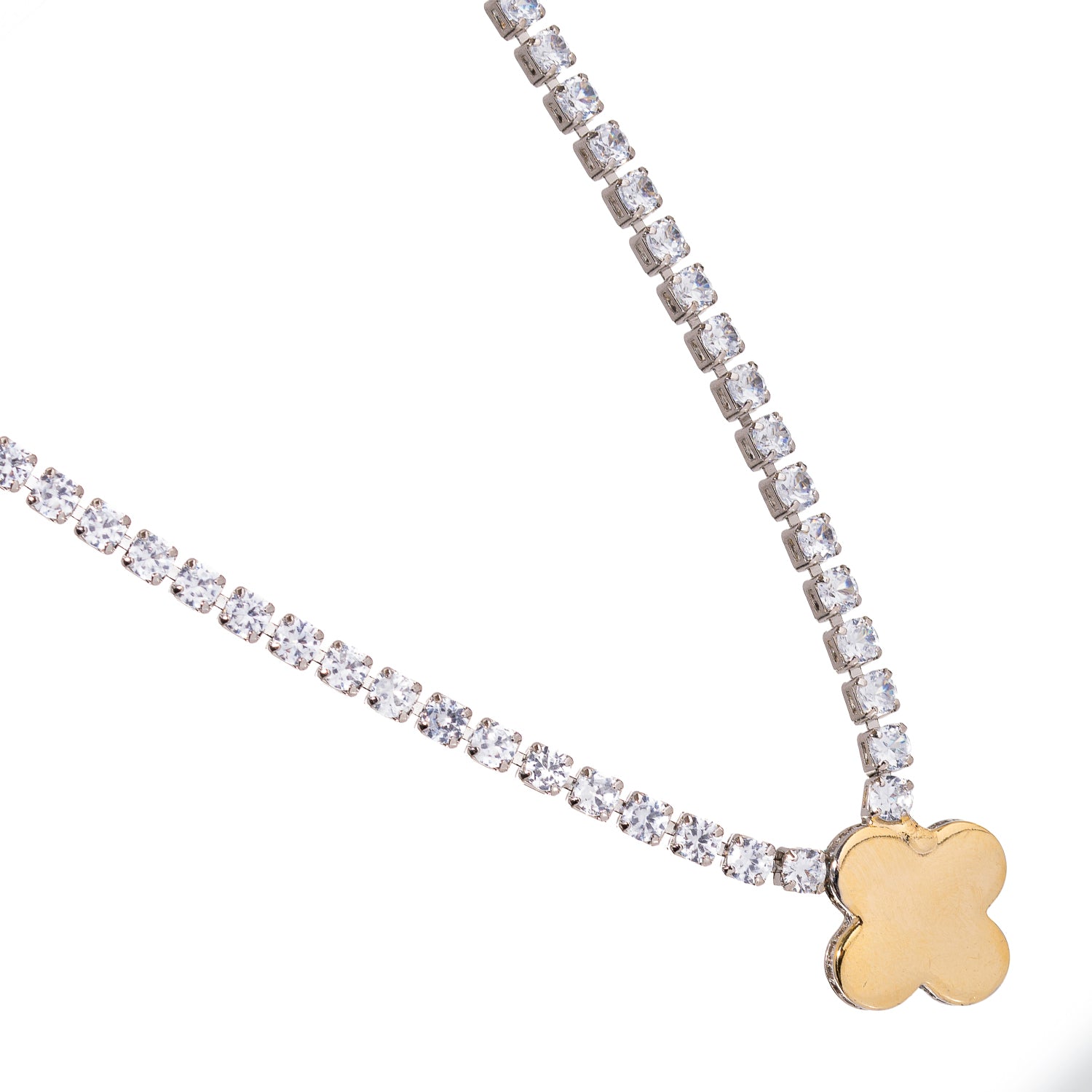 Elegant gold clover pendant necklace with a diamond chain, handmade and adjustable