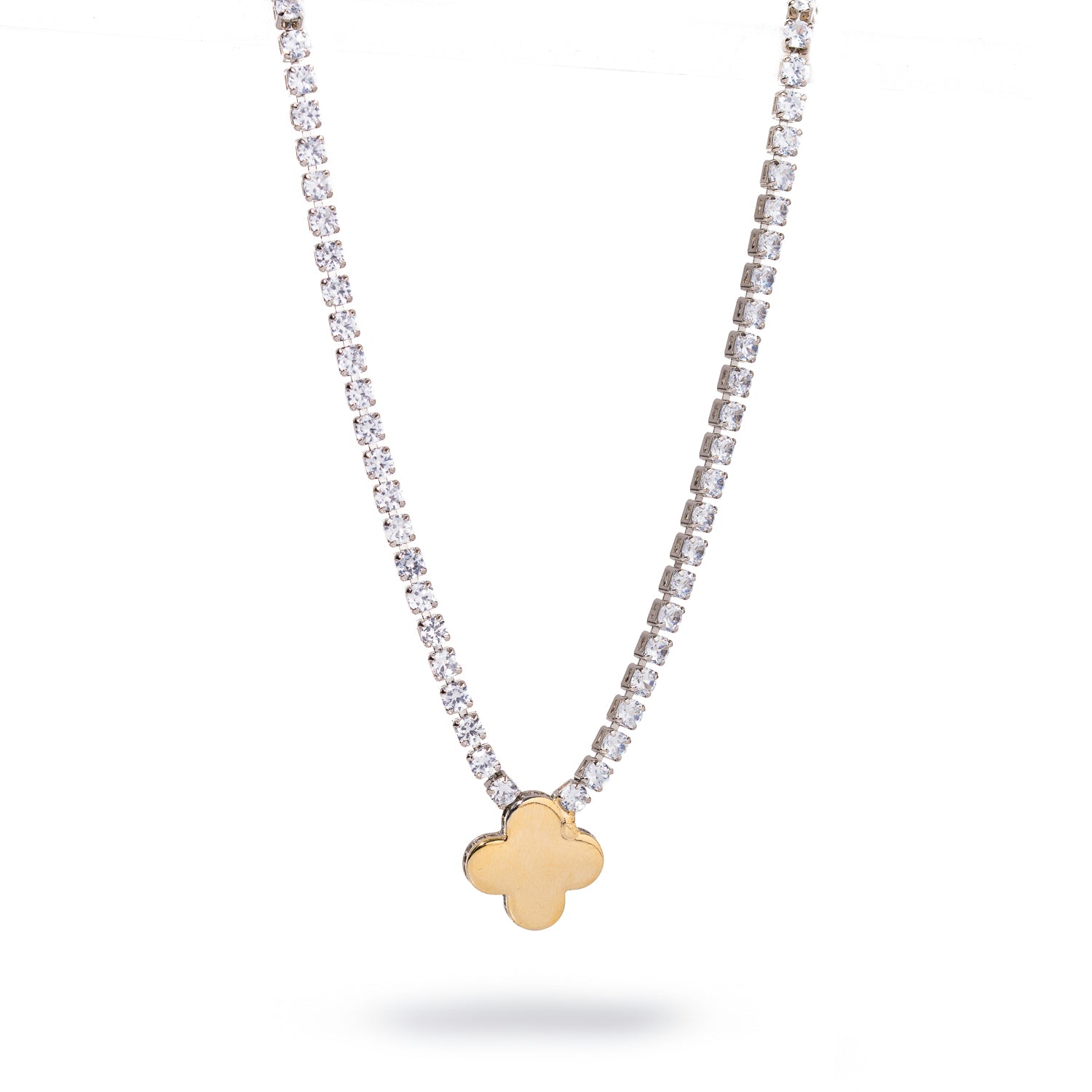 Gold clover pendant necklace with a diamond tennis chain, elegant and versatile design