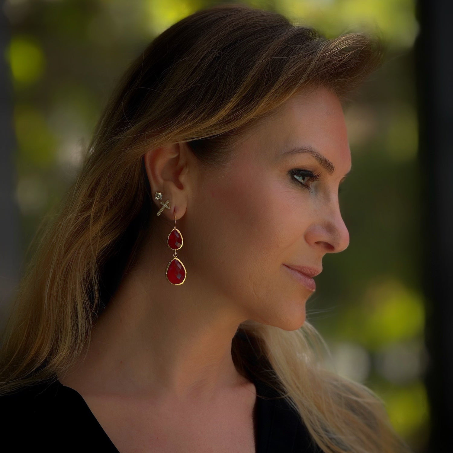Dazzle in Gold: Handcrafted Sterling Silver Earrings with Red Crystal Accents