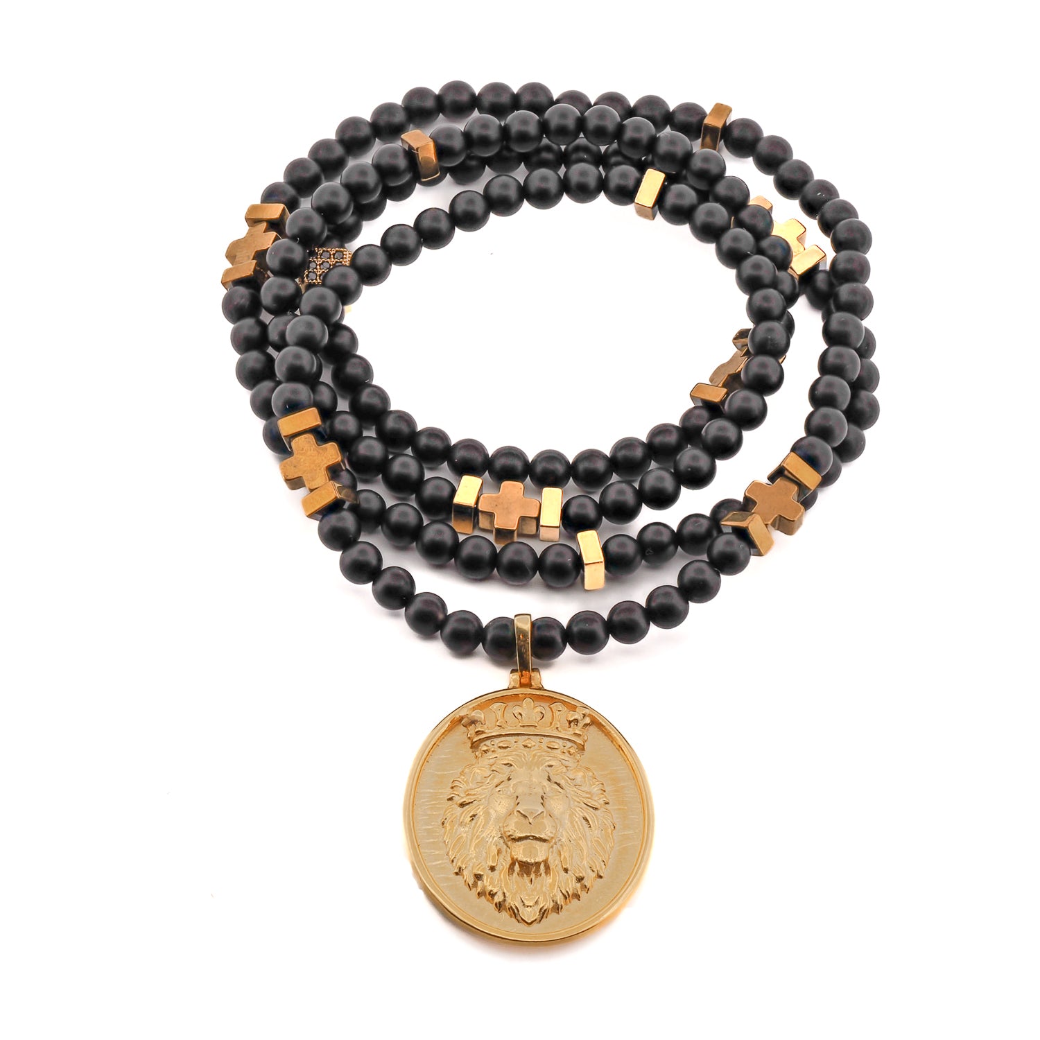 Stunning Gold Powerful Lion Pendant Black Onyx Necklace featuring 4mm black onyx stone beads and gold hematite spacers