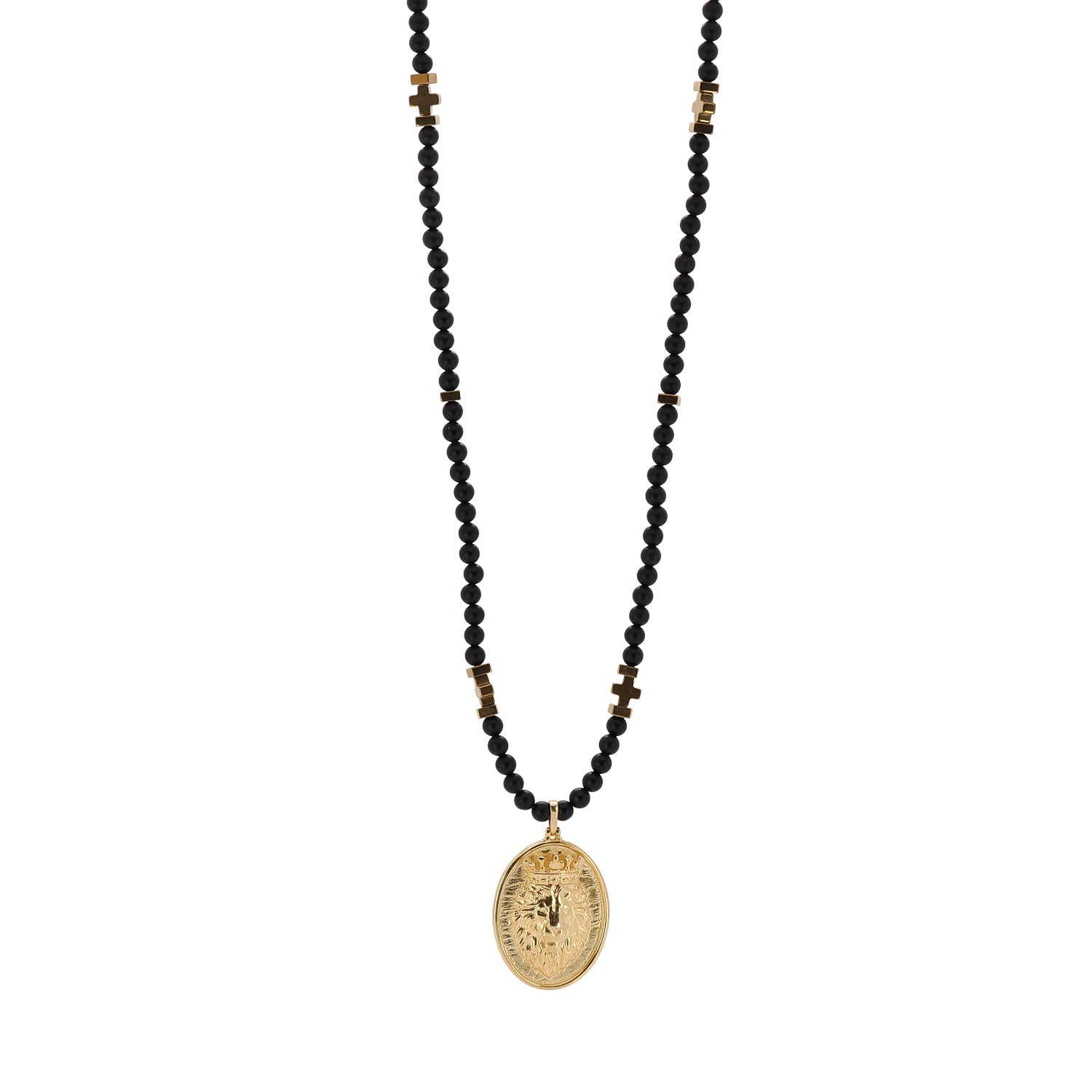 Stylish Gold Powerful Lion Pendant Black Onyx Necklace with gold hematite spacers and a black diamond bead