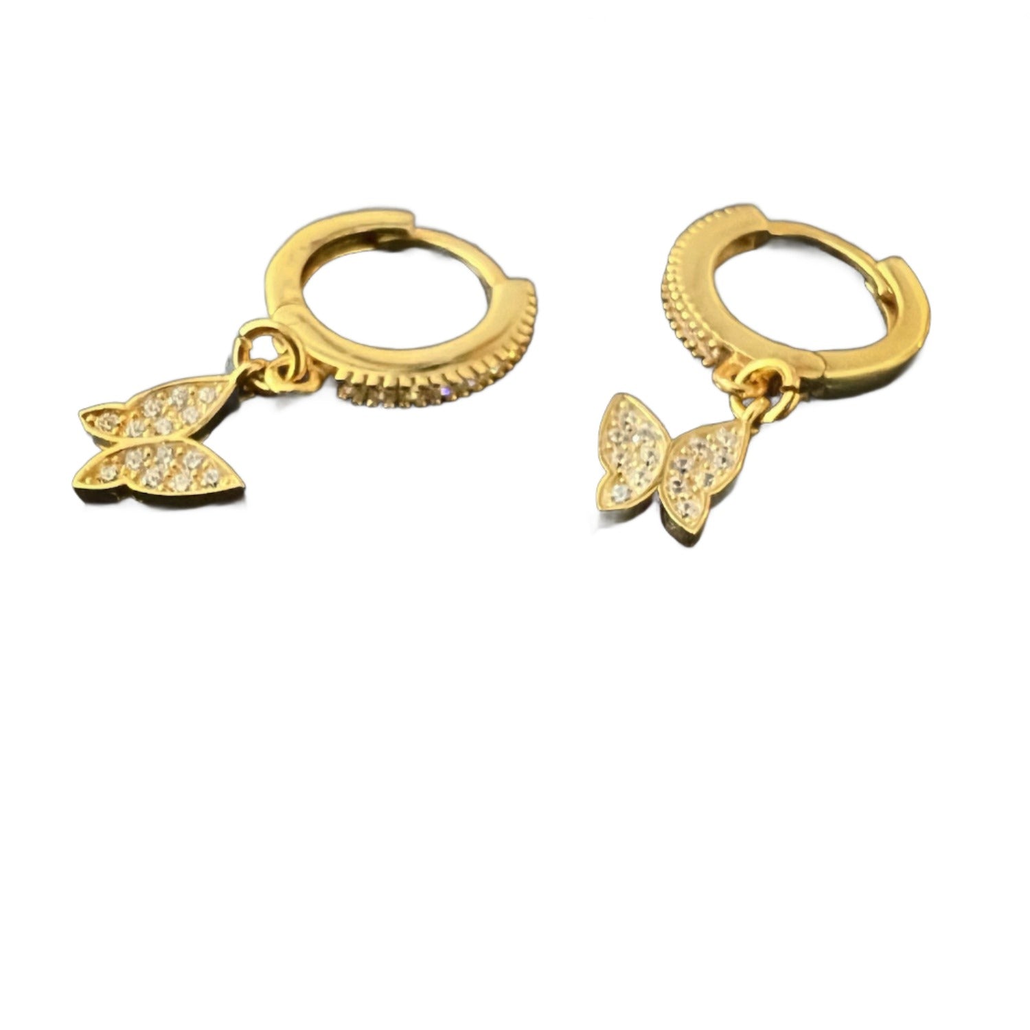 Delicate butterfly design earrings in sterling silver with 18K gold plating and shimmering CZ diamonds
