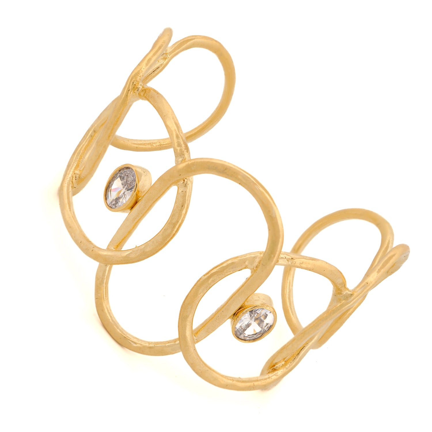 Elegant 24k gold-plated brass cuff bracelet adorned with two CZ diamonds, adjustable to fit various wrist sizes.