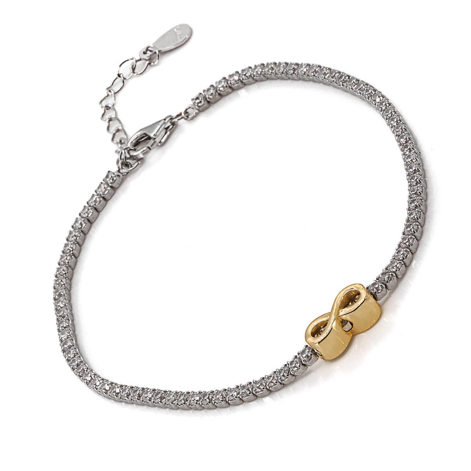 Zircon stones shimmer: Gold Infinity Bracelet's elegance.