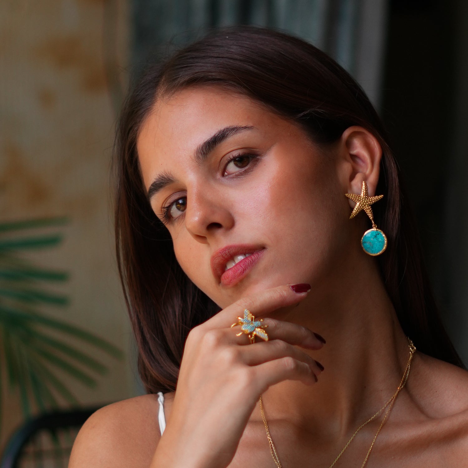 18K Gold-Plated Starfish Earrings with Turquoise Stone Drop for Mystic Charm