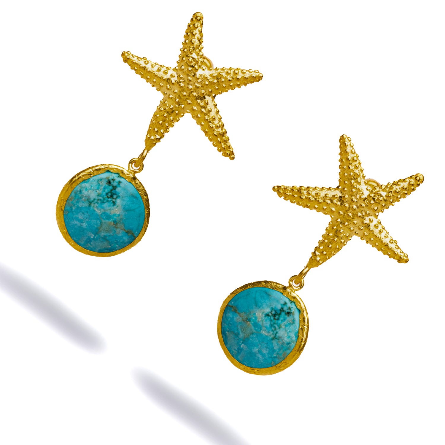 Handcrafted Gold Starfish and Turquoise Stone Dangle Earrings for Vibrant Energy