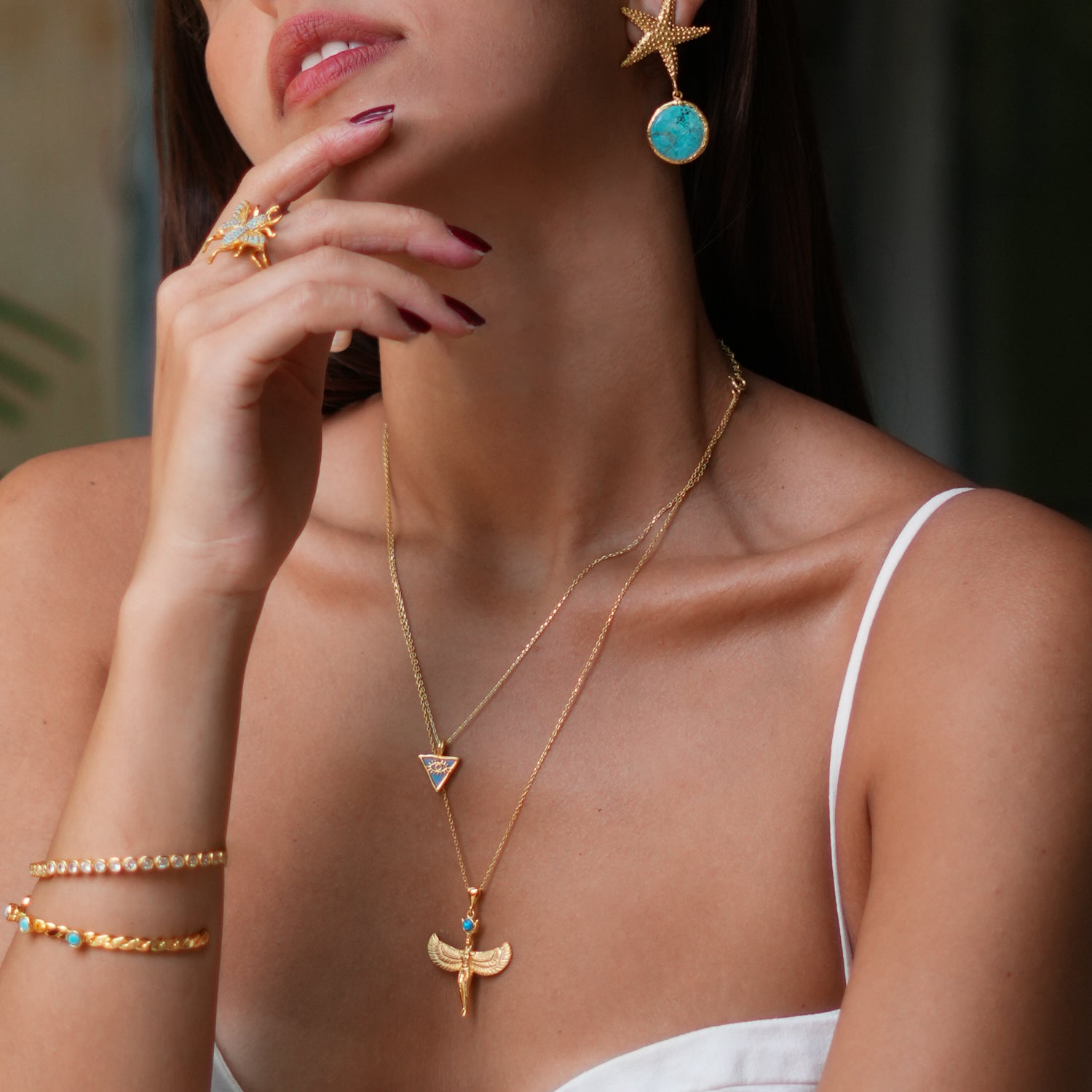 Stylish Gold Starfish Earrings with Turquoise Stone Dangle for Mystical Elegance
