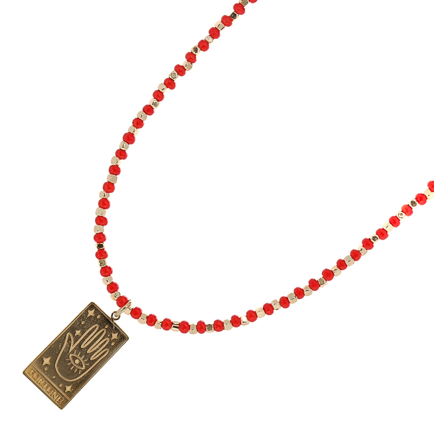 Good Fortune Tarot Card Gold Pendant Coral Beaded Necklace