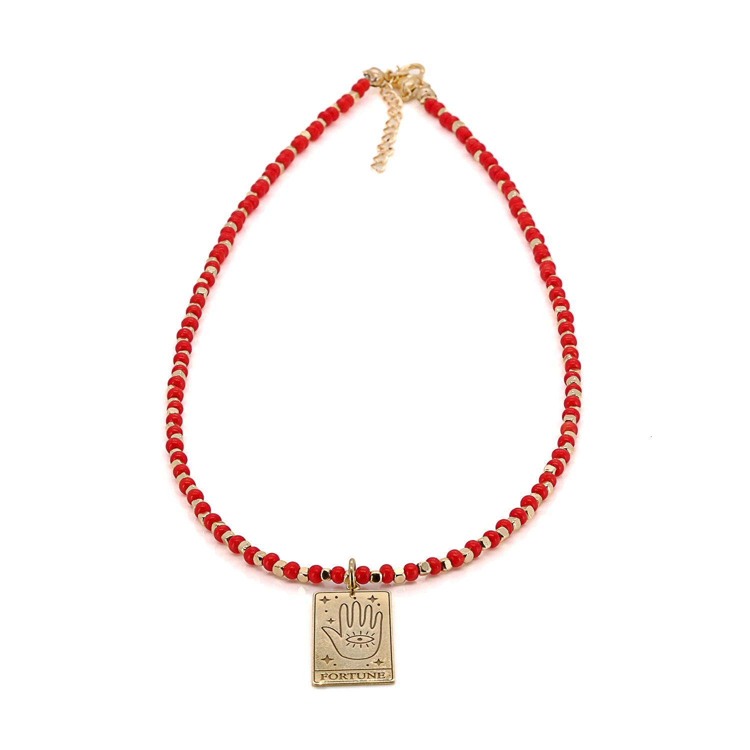 Good Fortune Tarot Card Gold Pendant Coral Beaded Necklace