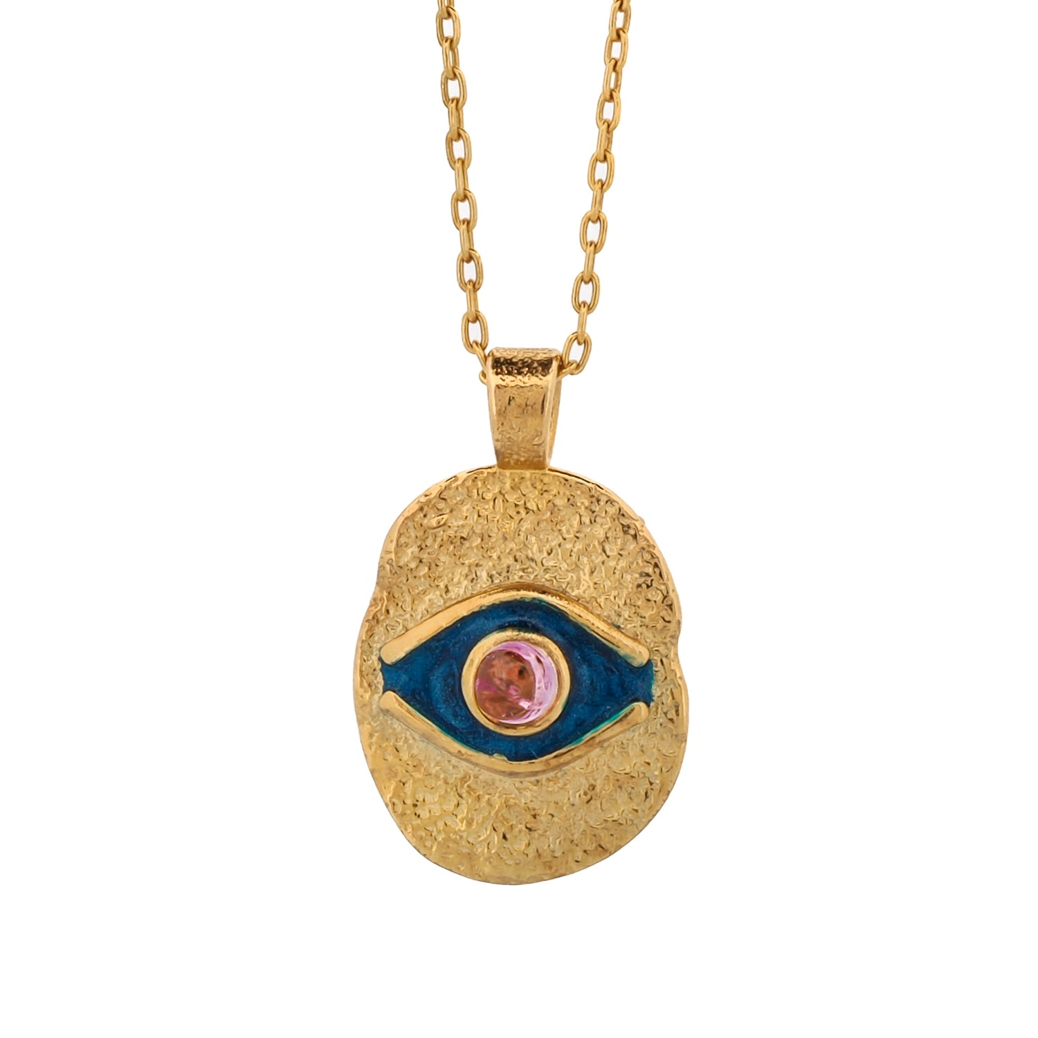 Blue Enamel &amp; Tourmaline Stone Evil Eye Gold Pendant Good Karma Necklace