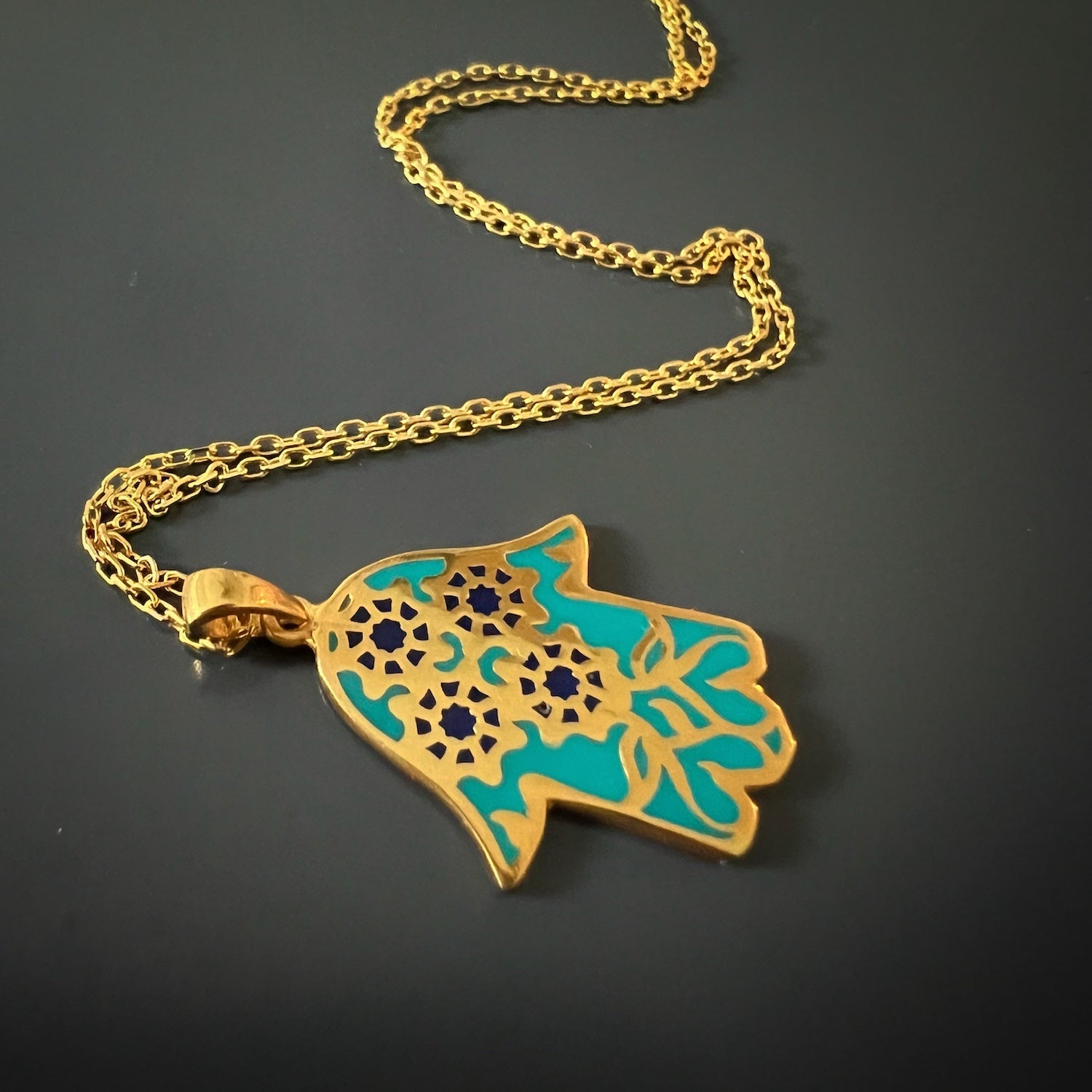 Floral Hamsa Hand Pendant Turquoise & Gold Necklace