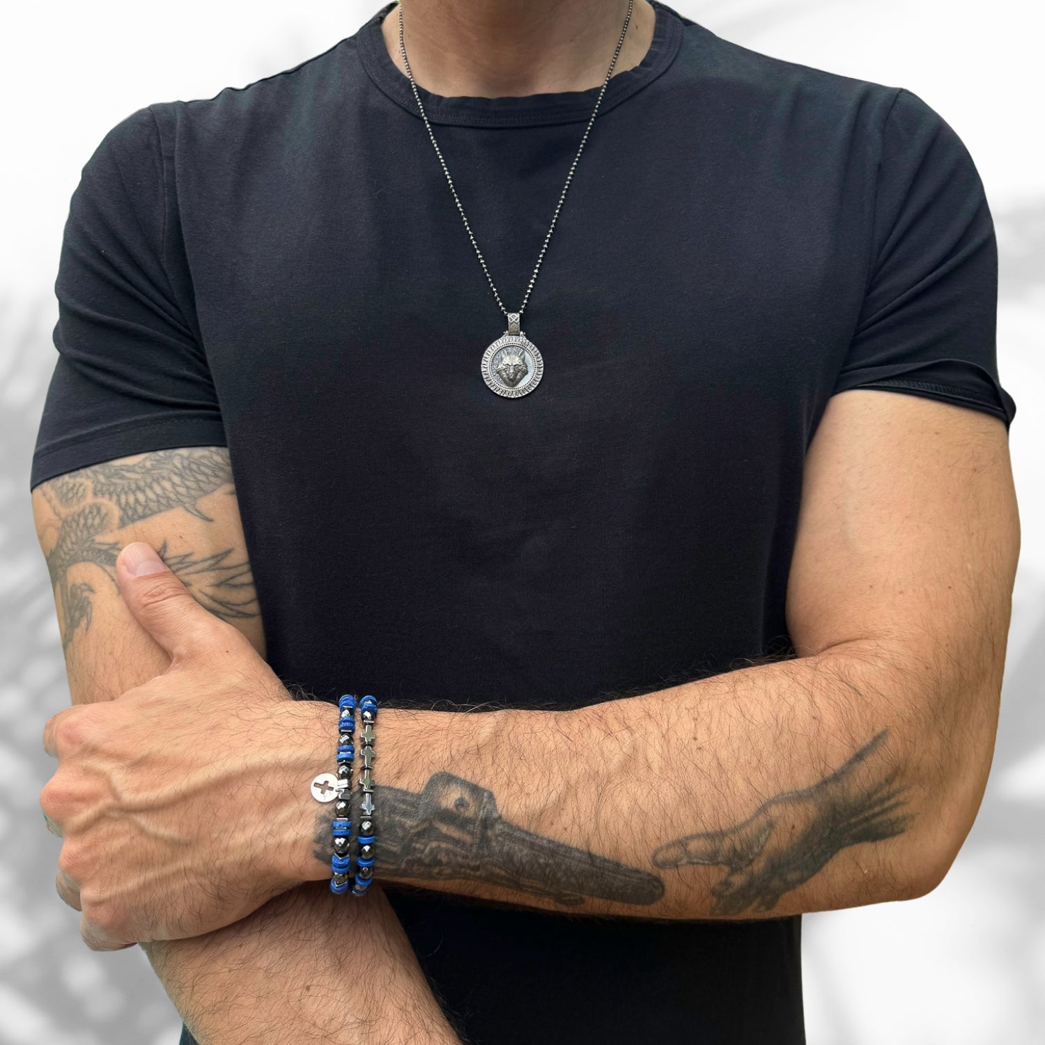 Handmade Spiritual Bracelet Set for men, featuring hematite and blue lava rock beads with a 925 sterling silver cross charm