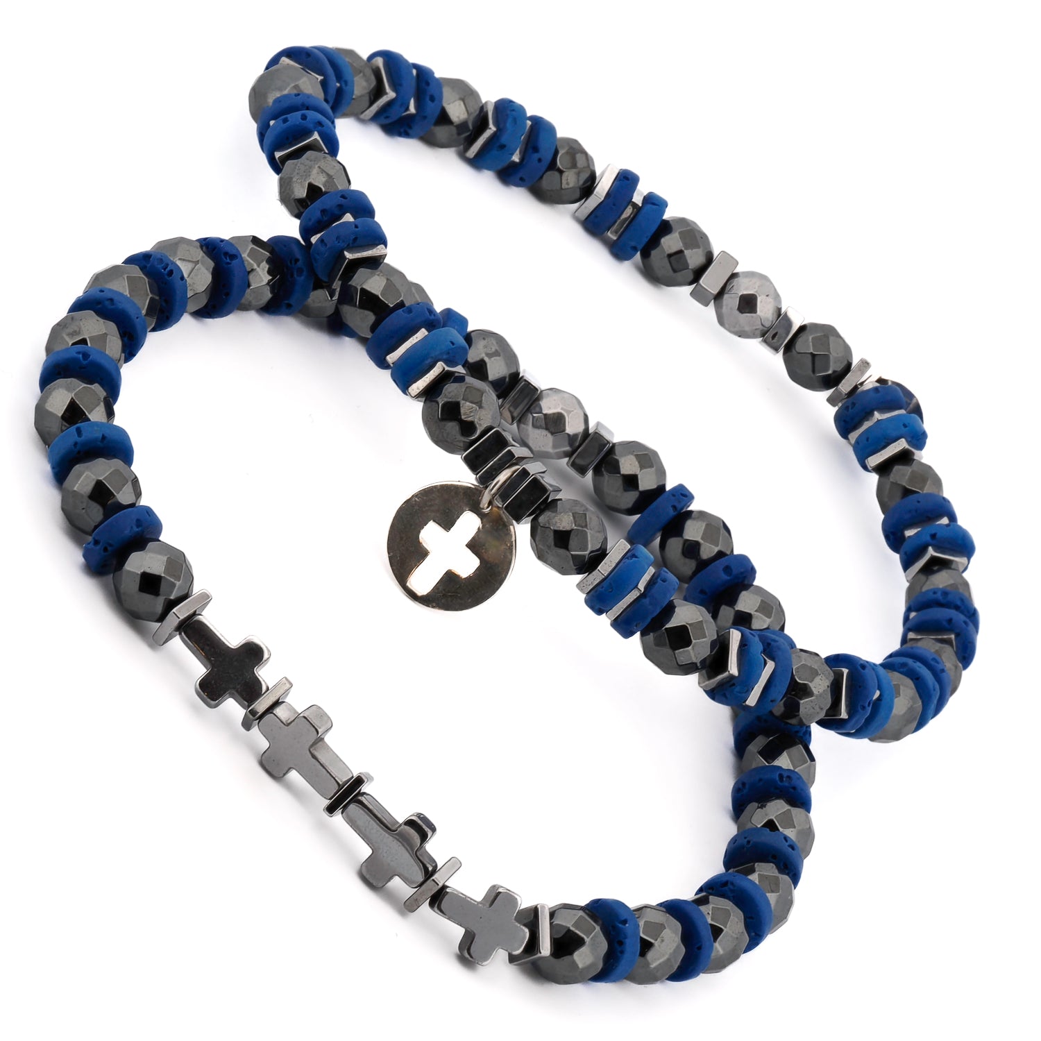 Men's Spiritual Beaded Bracelet Set with hematite, blue lava rock, and silver cross beads, offering positivity and protection