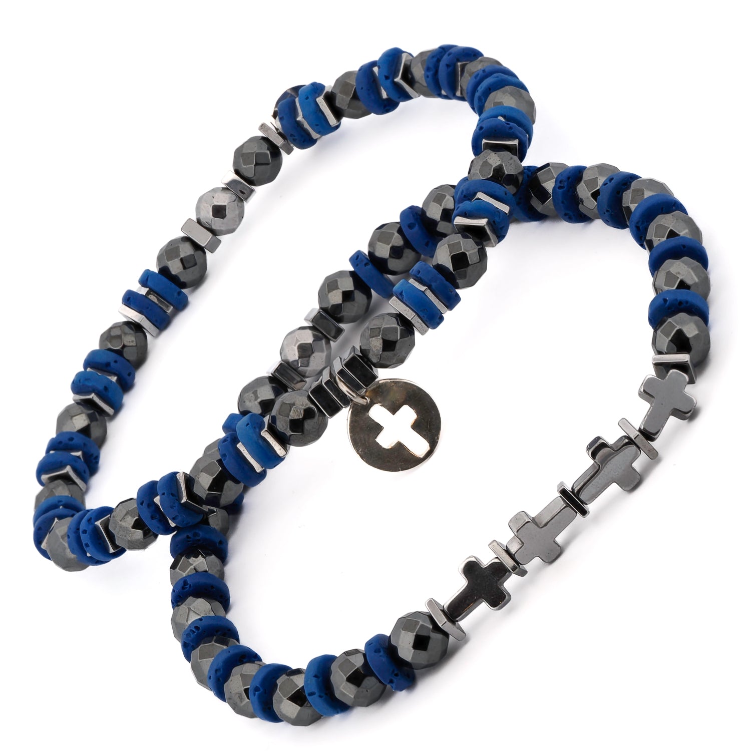 Unique Good Vibes Bracelet Set with natural hematite stones, calming blue lava rocks, and a sterling silver cross charm