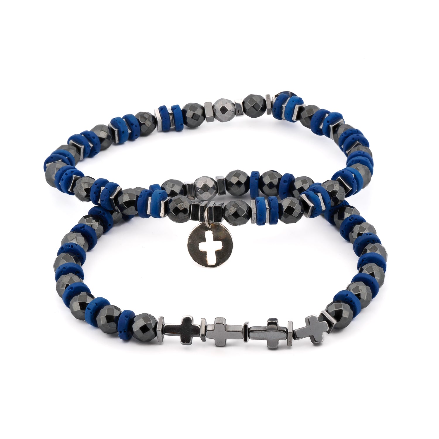 Good Vibes Spiritual Beaded Sterling Silver Cross Bracelet Set featuring natural hematite stone beads known for grounding and healing properties