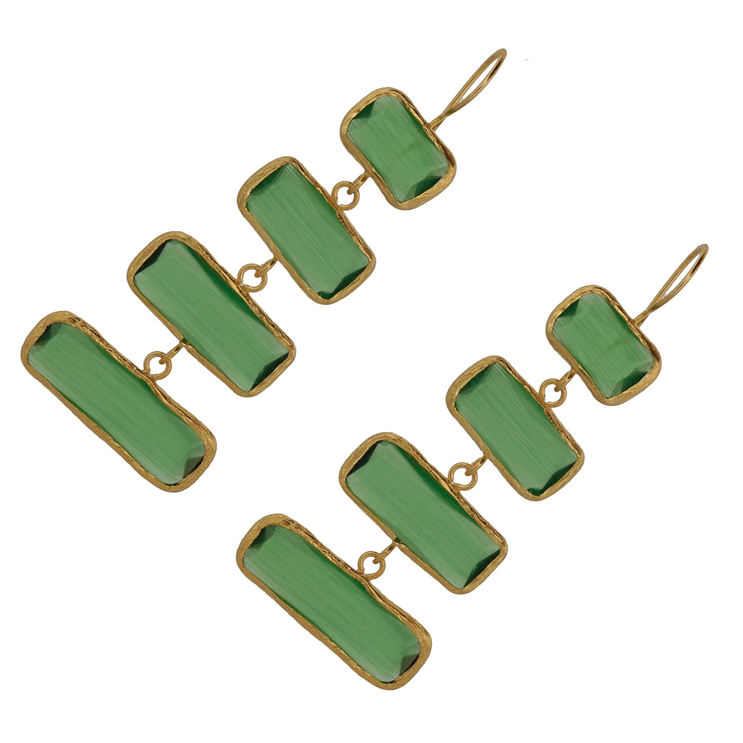 Stylish Green Cat Eye Gemstone Earrings with Gold Dangle Design