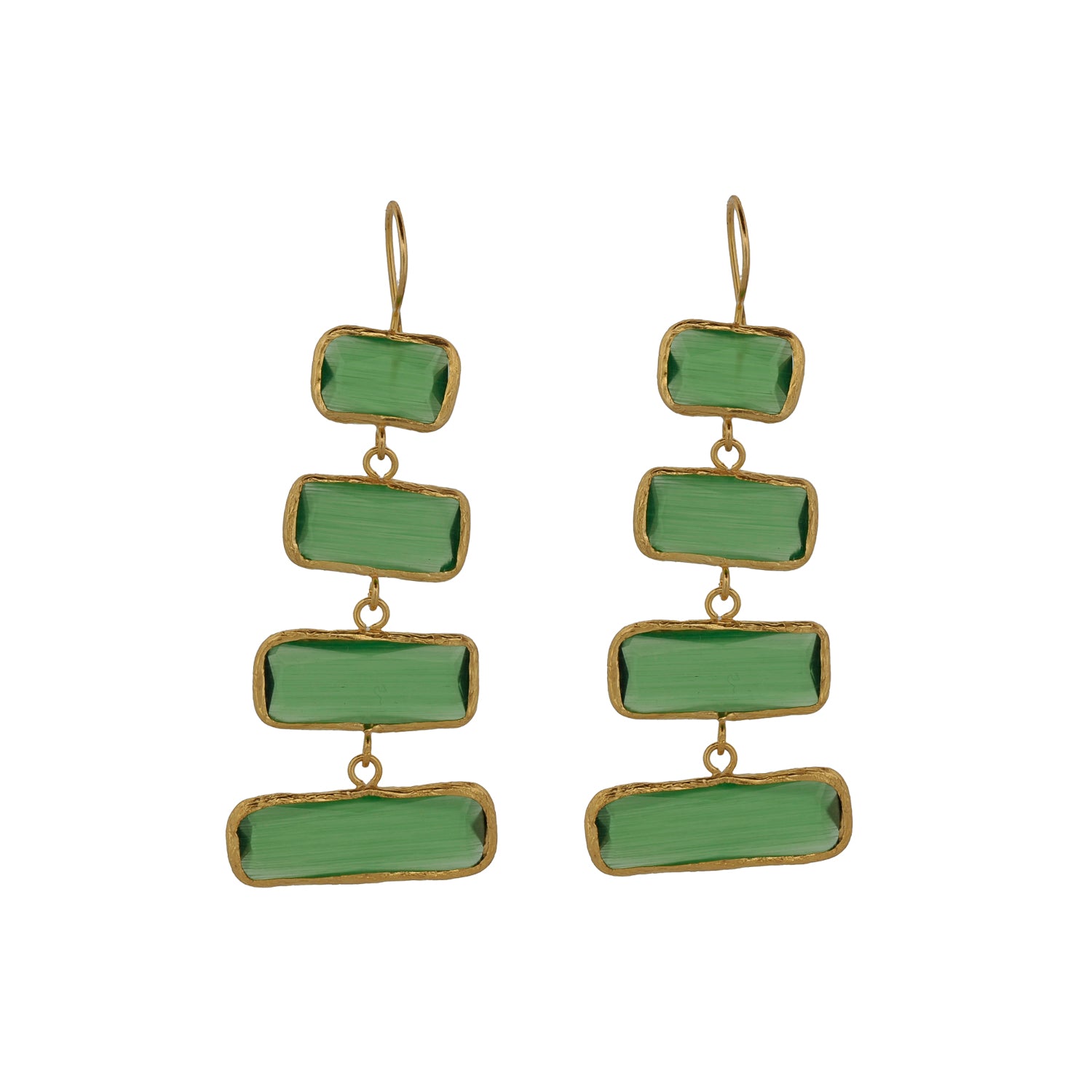 Elegant Green Cat Eye Stone Dangle Earrings with Gold Plating