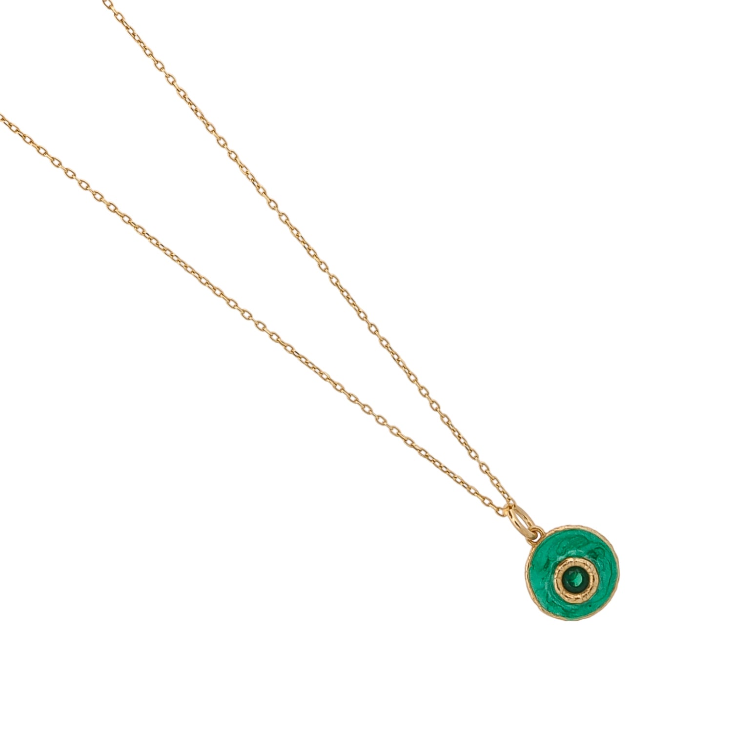 Green Enamel &amp; Jade Stone Evil Eye Gold Chain Necklace
