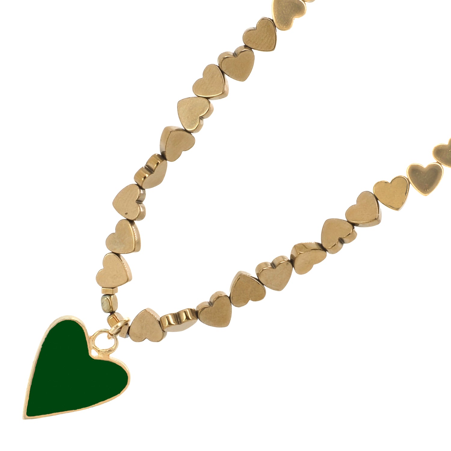 Stylish gold chain necklace featuring a green heart pendant and gold hematite stone beads