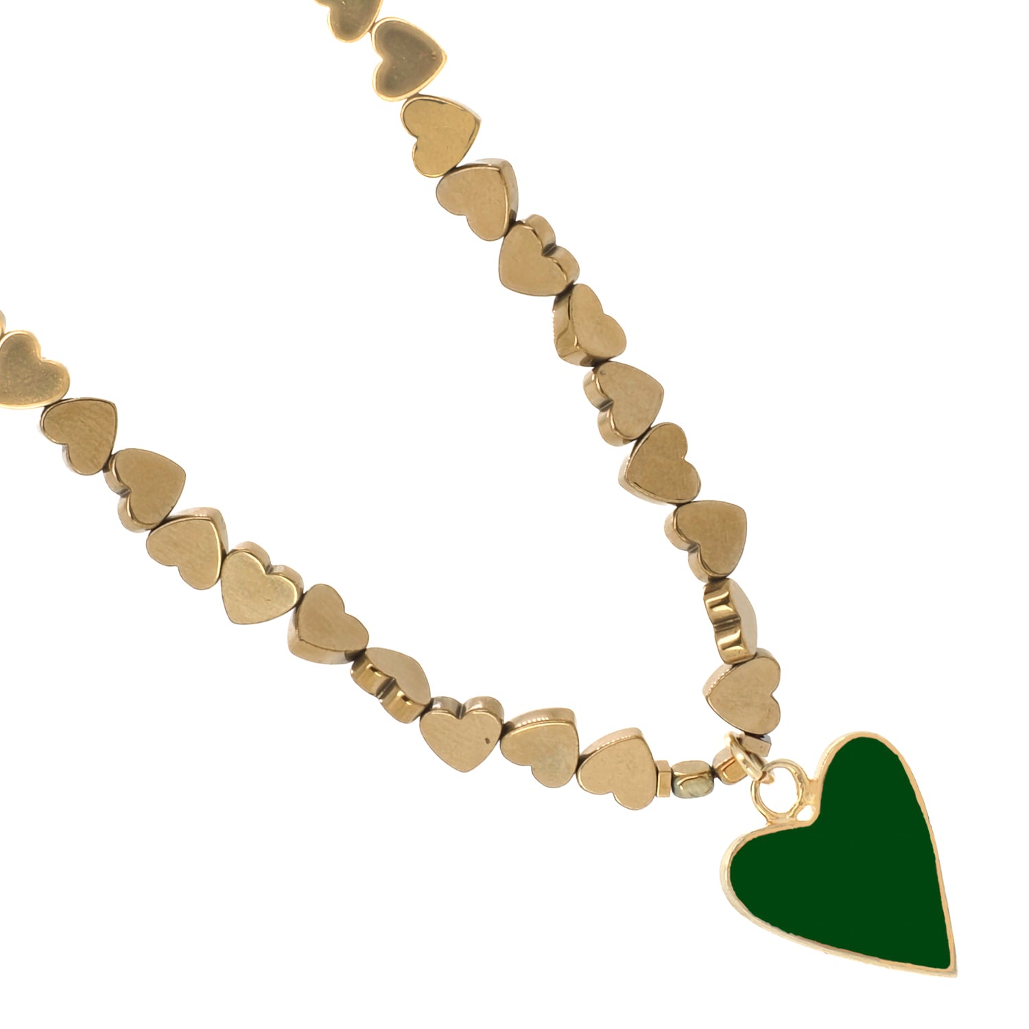 Gold necklace with a green enamel heart pendant and gold hematite beads for a chic look