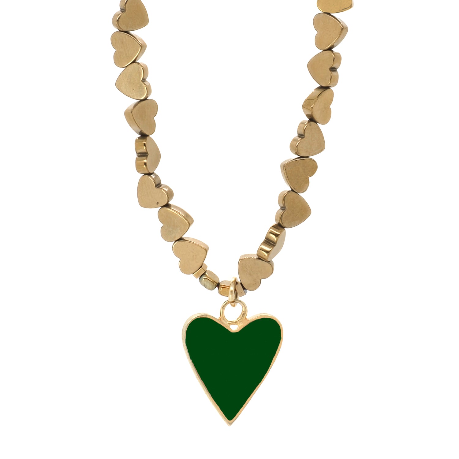 Gold necklace with heart-shaped hematite stone beads and a green enamel heart pendant