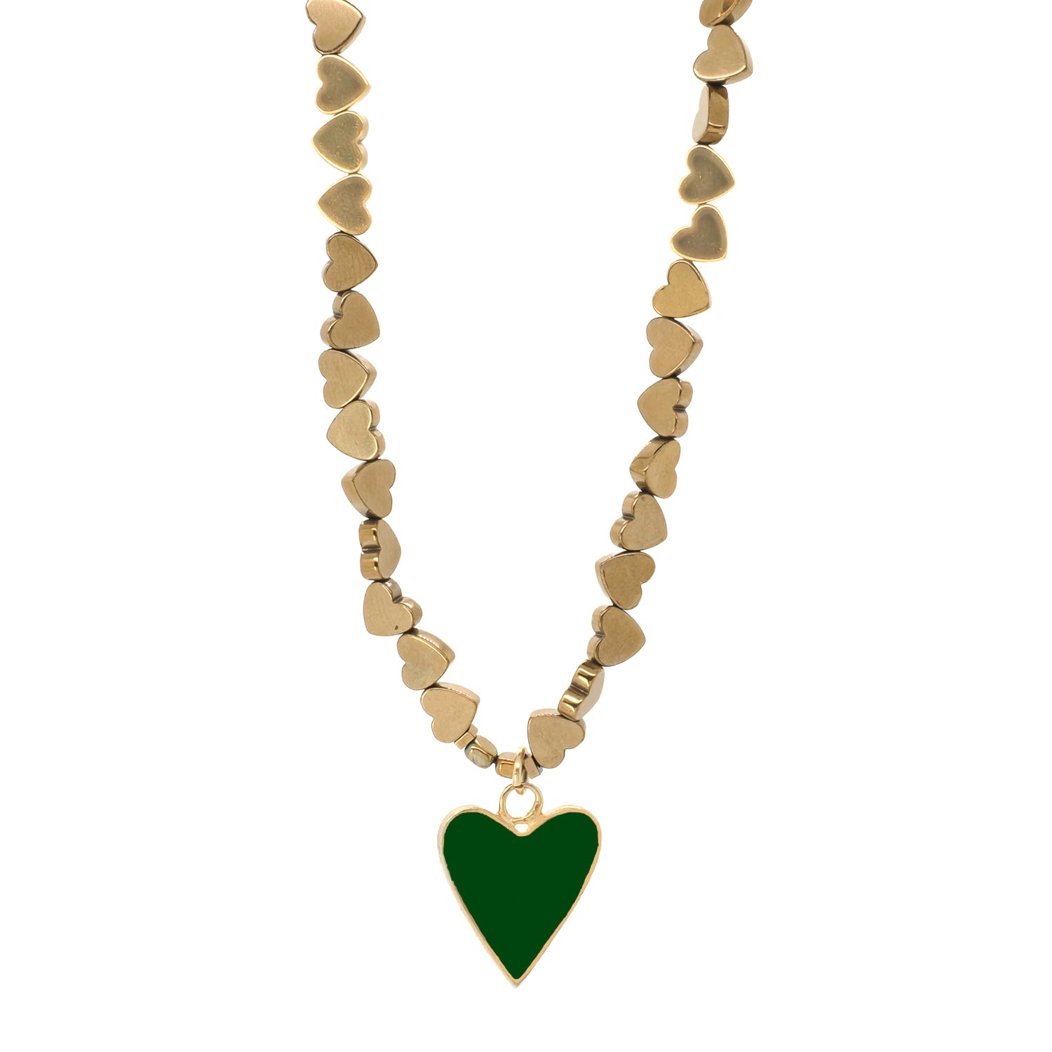 Handmade gold chain necklace with a green heart pendant and gold-plated hematite stone beads