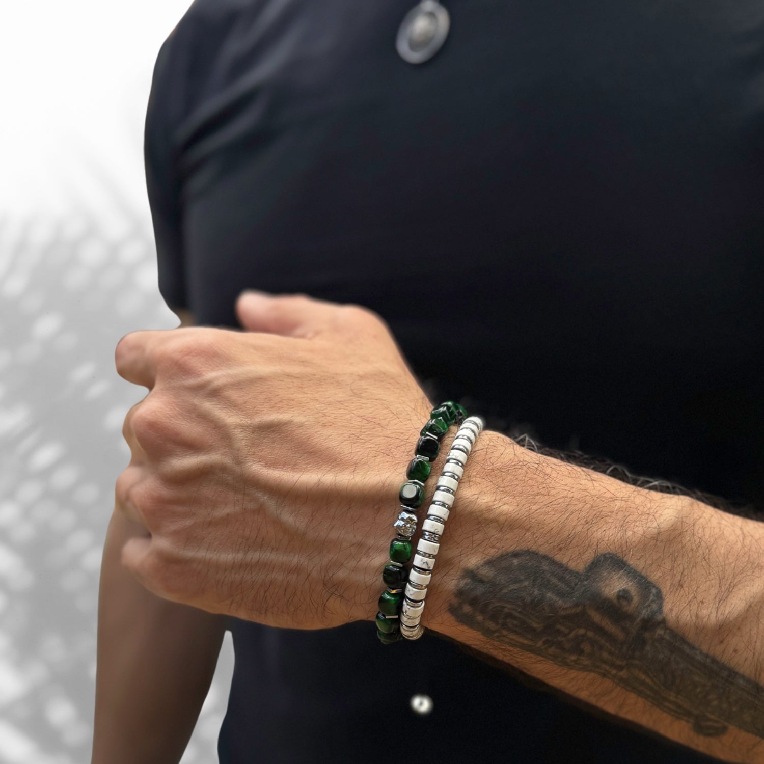 Men's Green Tiger's Eye Beaded Bracelet with a striking silver hematite Buddha charm symbolizing enlightenment