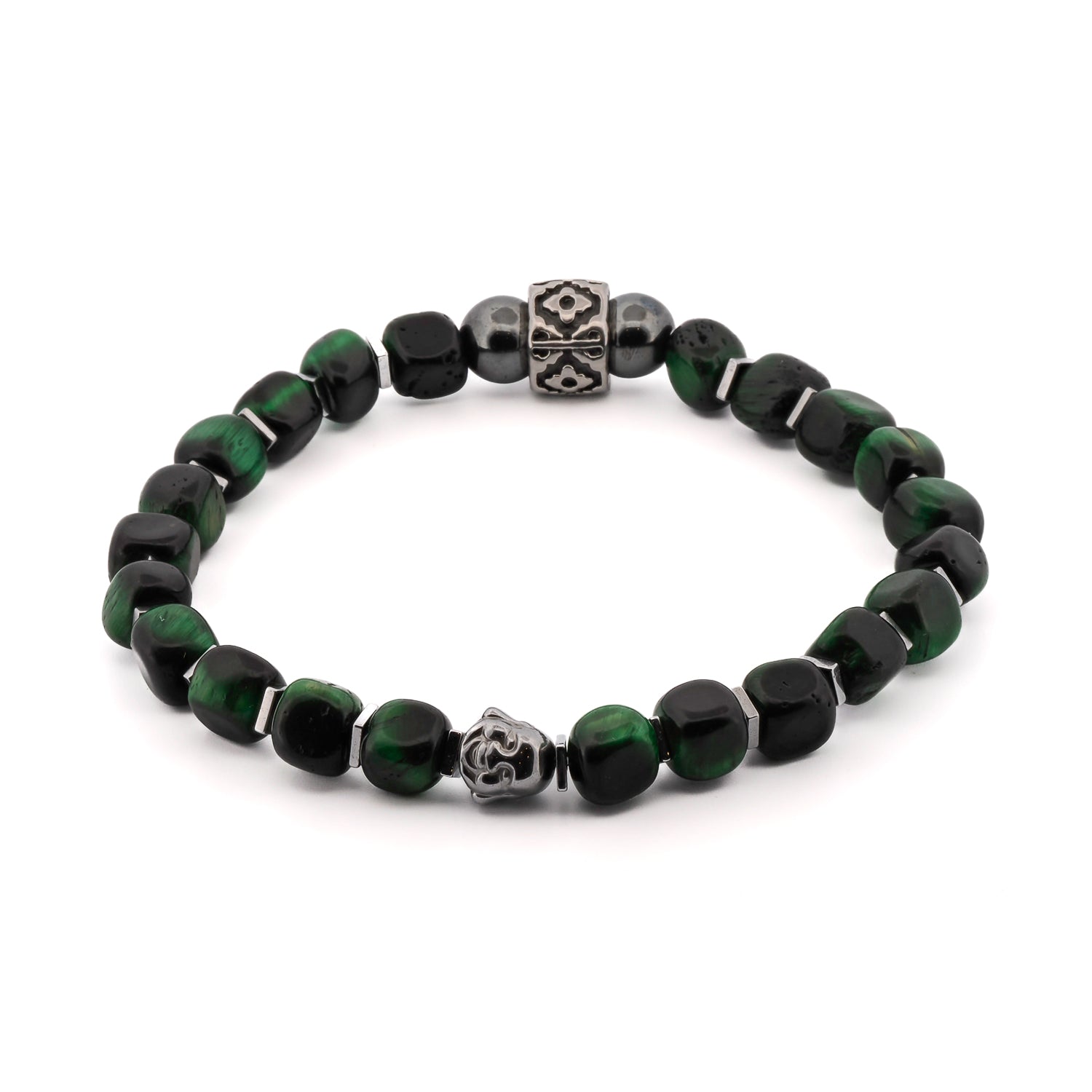 Green Tiger's Eye Buddha Bracelet featuring 8mm green tiger's eye beads and a hematite stone Buddha bead