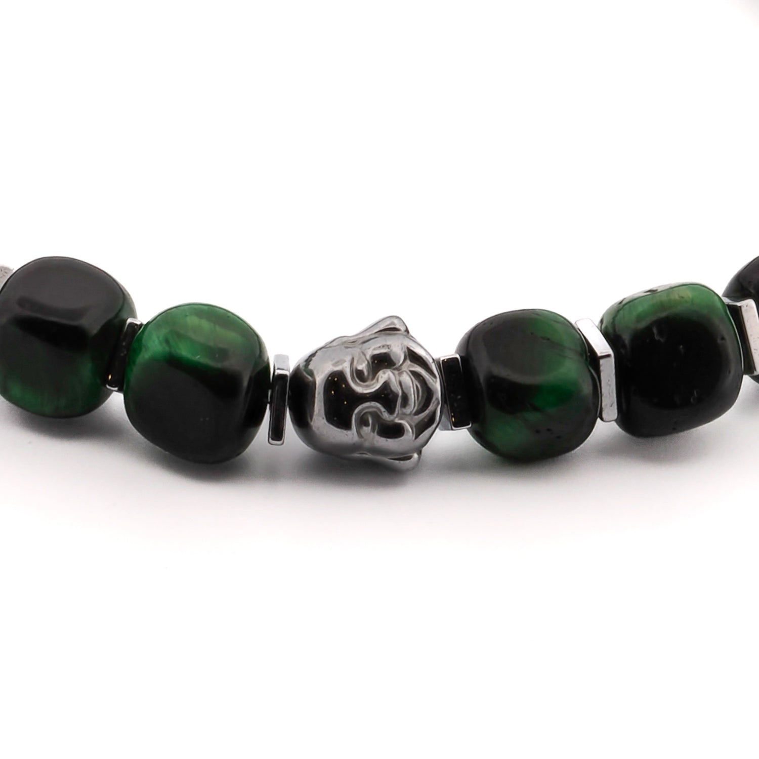 Handcrafted Green Tiger's Eye Bracelet with a Buddha bead, designed for protection and spiritual wisdom