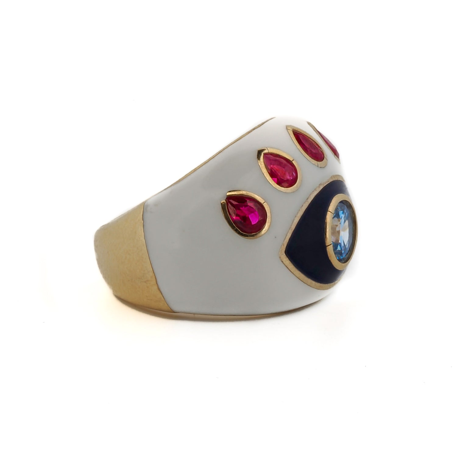 Gold-plated adjustable ring featuring a protective Blue Topaz and Ruby Evil Eye on white enamel