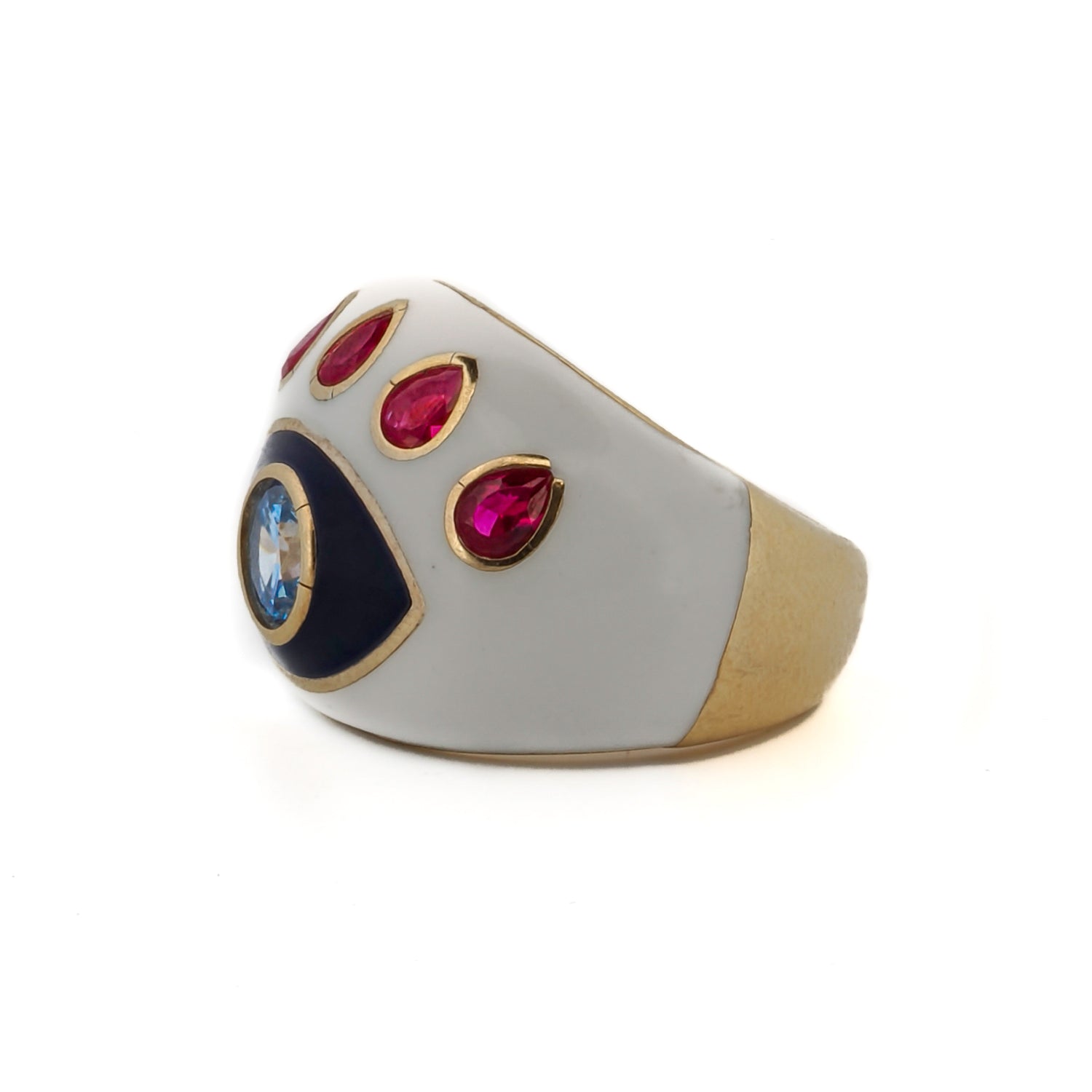 Adjustable gold-plated ring with a Blue Topaz Evil Eye, white enamel, and Ruby details