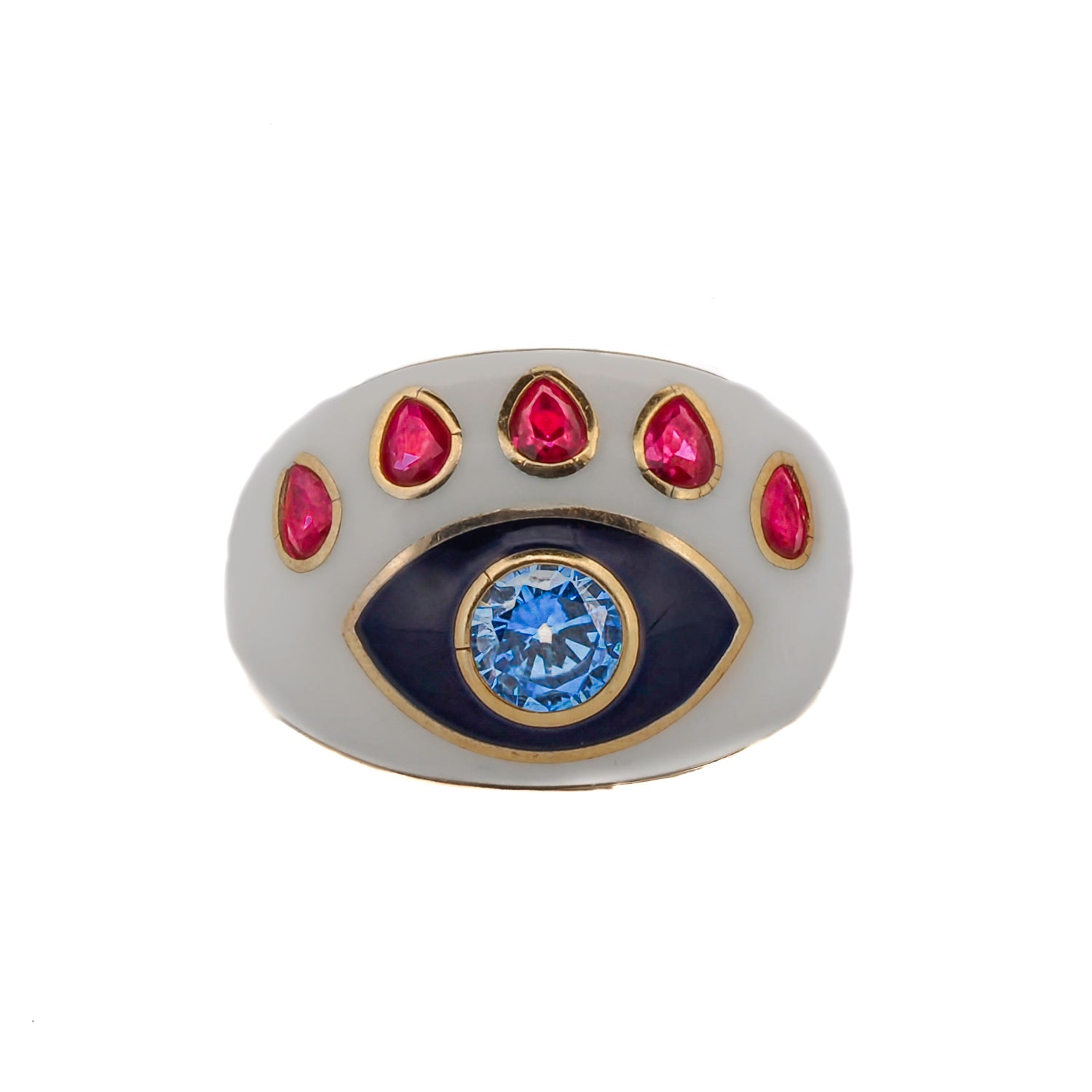 Gold-plated adjustable ring featuring a Blue Topaz and Ruby Evil Eye design with white enamel