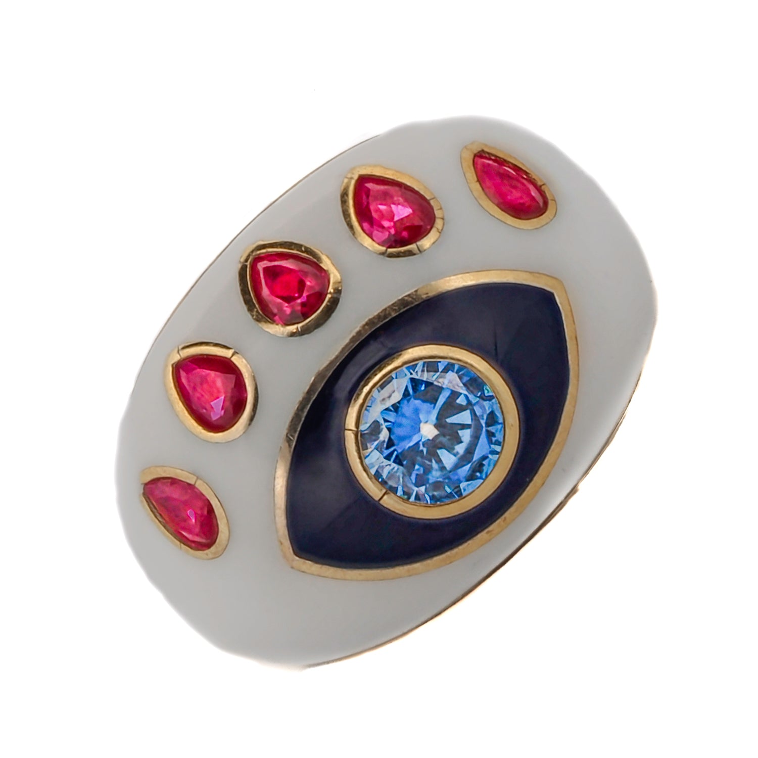 Stylish Evil Eye ring with Blue Topaz and Ruby stones on a white enamel and gold-plated band