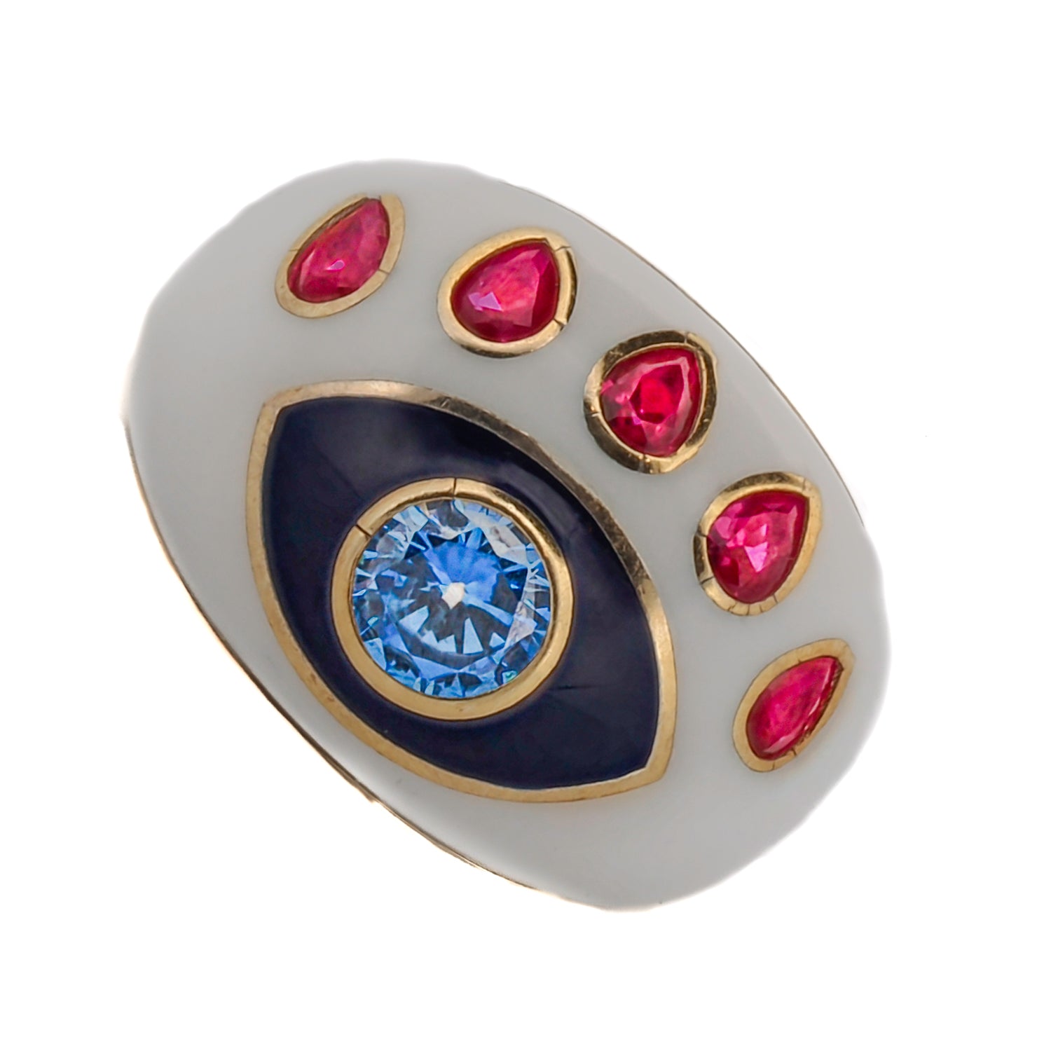 Handcrafted white enamel Evil Eye ring with Blue Topaz, Ruby accents, and adjustable gold-plated band