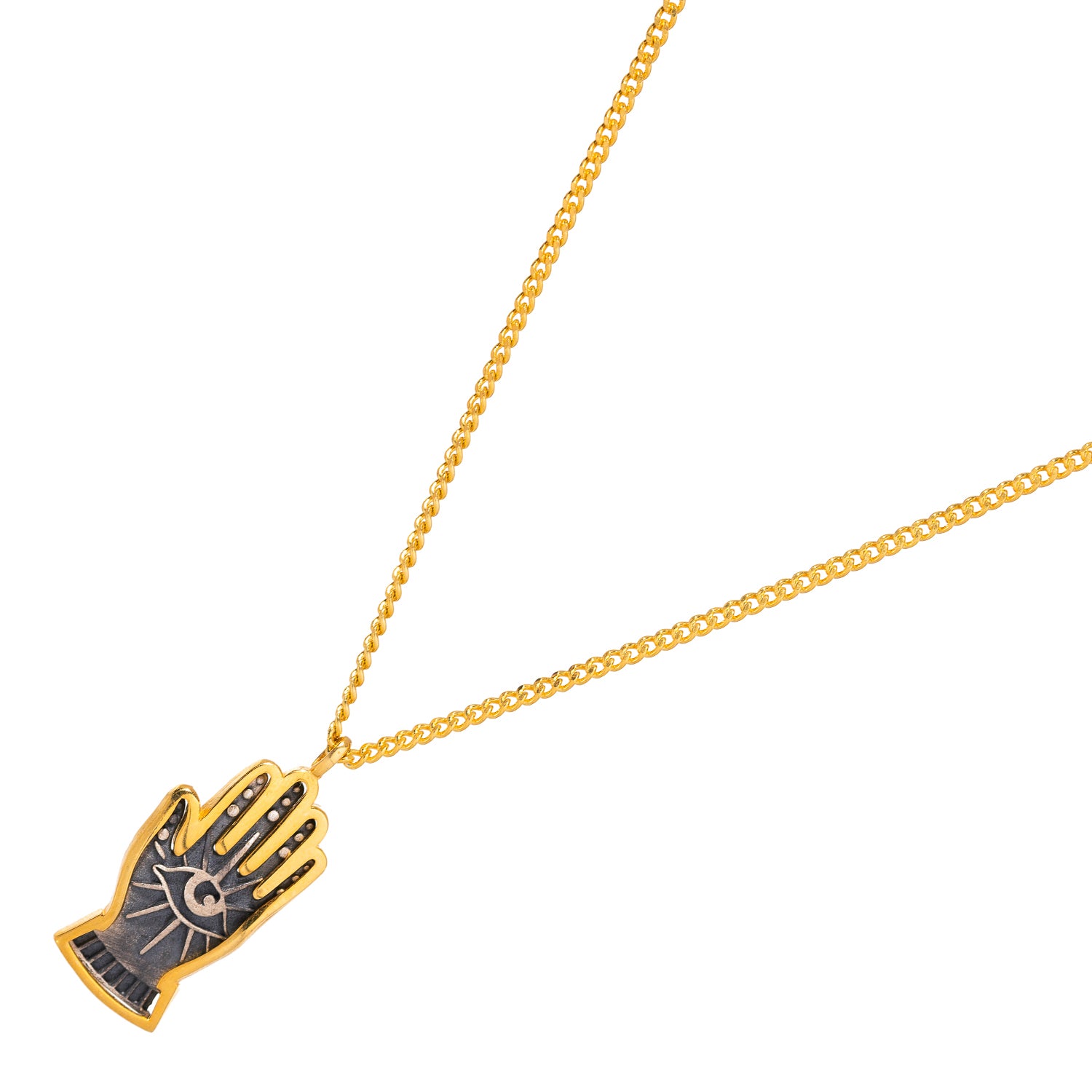 Charming necklace featuring a sterling silver hand pendant with a gold-plated evil eye, representing protection and spiritual guidance.