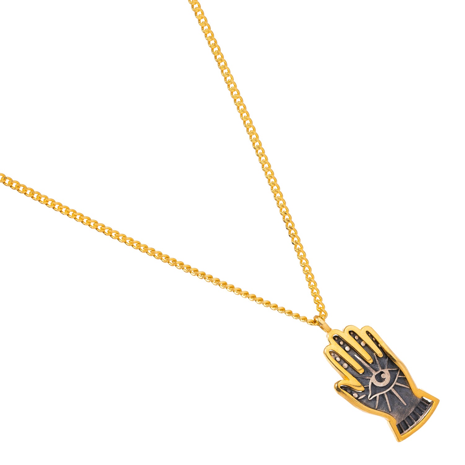 Refined sterling silver and gold necklace with a hand-shaped pendant featuring a protective evil eye, ideal for carrying spiritual guidance daily.