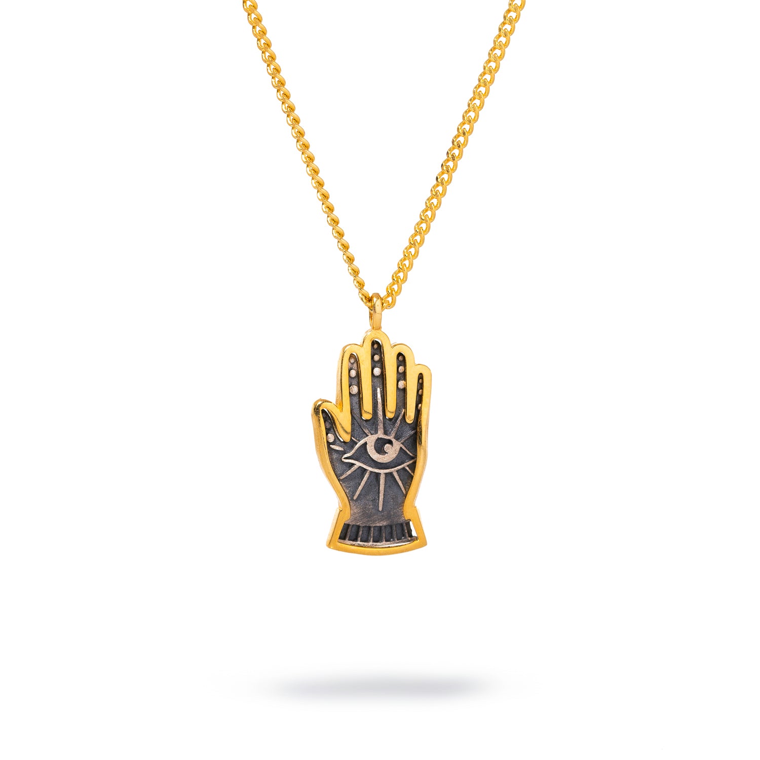 Gold vermeil chain with a sterling silver hand pendant adorned with an evil eye, designed to offer protection and spiritual support.