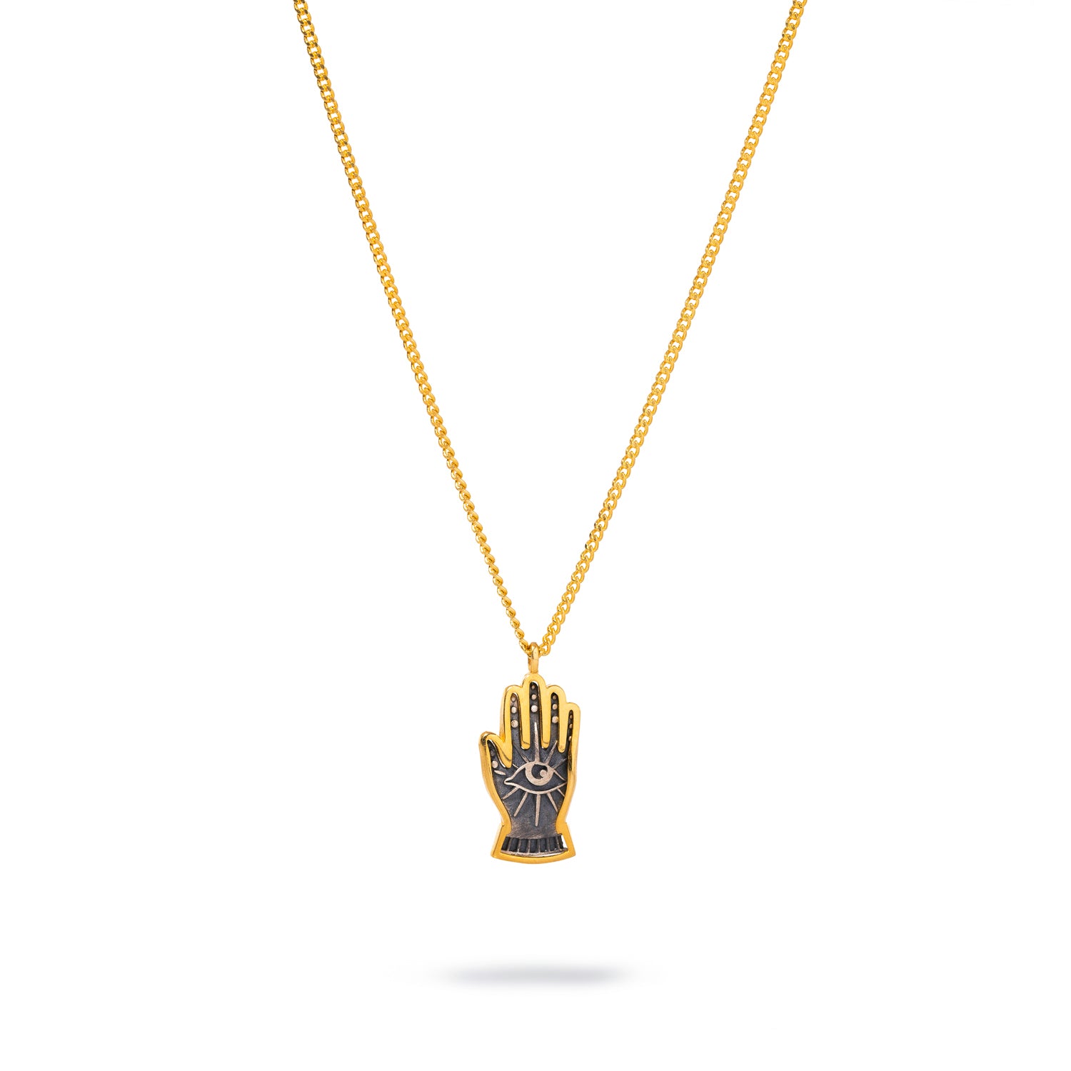 Sterling silver necklace with a gold vermeil chain featuring a protective hand pendant with an evil eye, symbolizing spiritual guidance and protection.