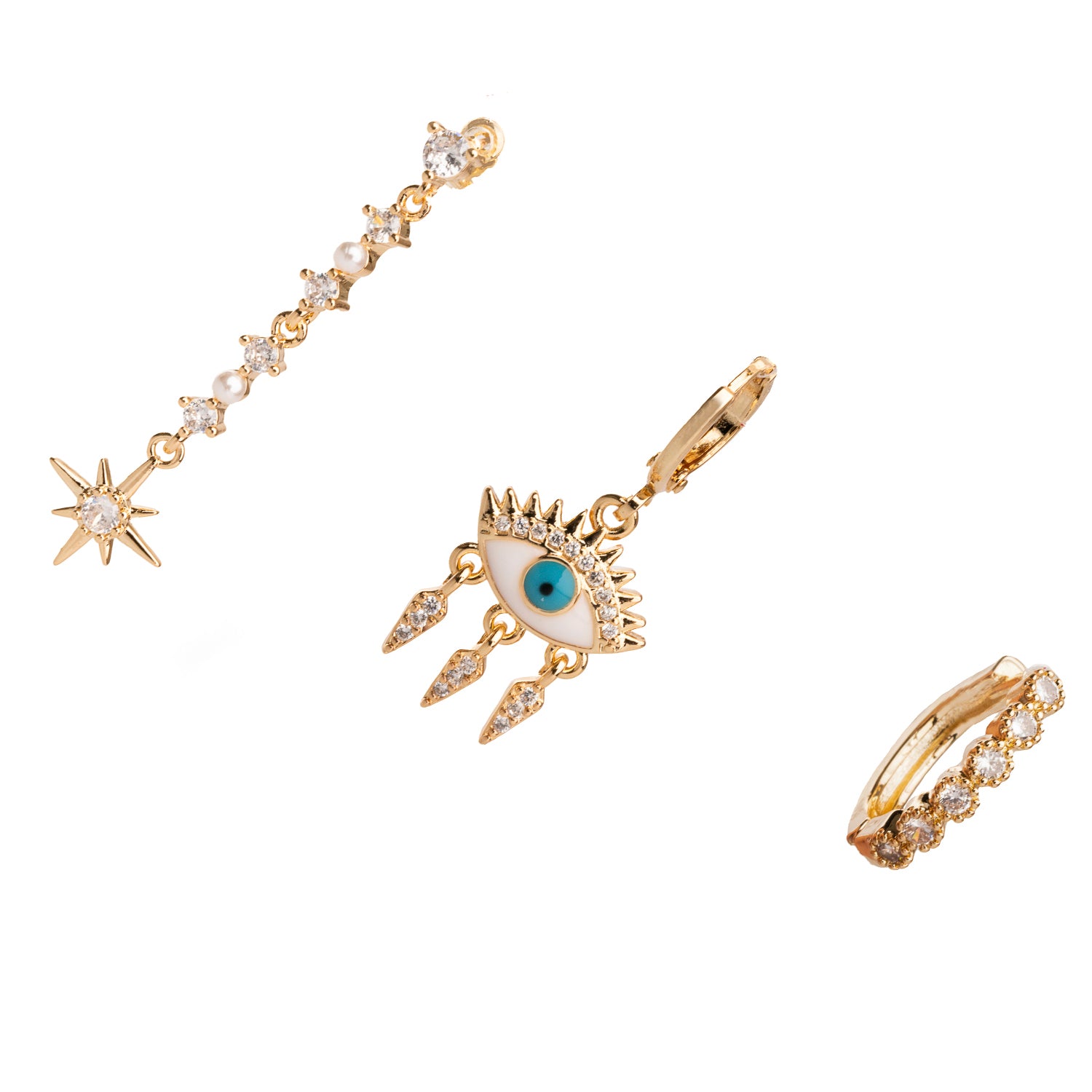 Three-piece gold earring set with a Guidance Star, Evil Eye charm, and diamond-studded hoop for daily wear.