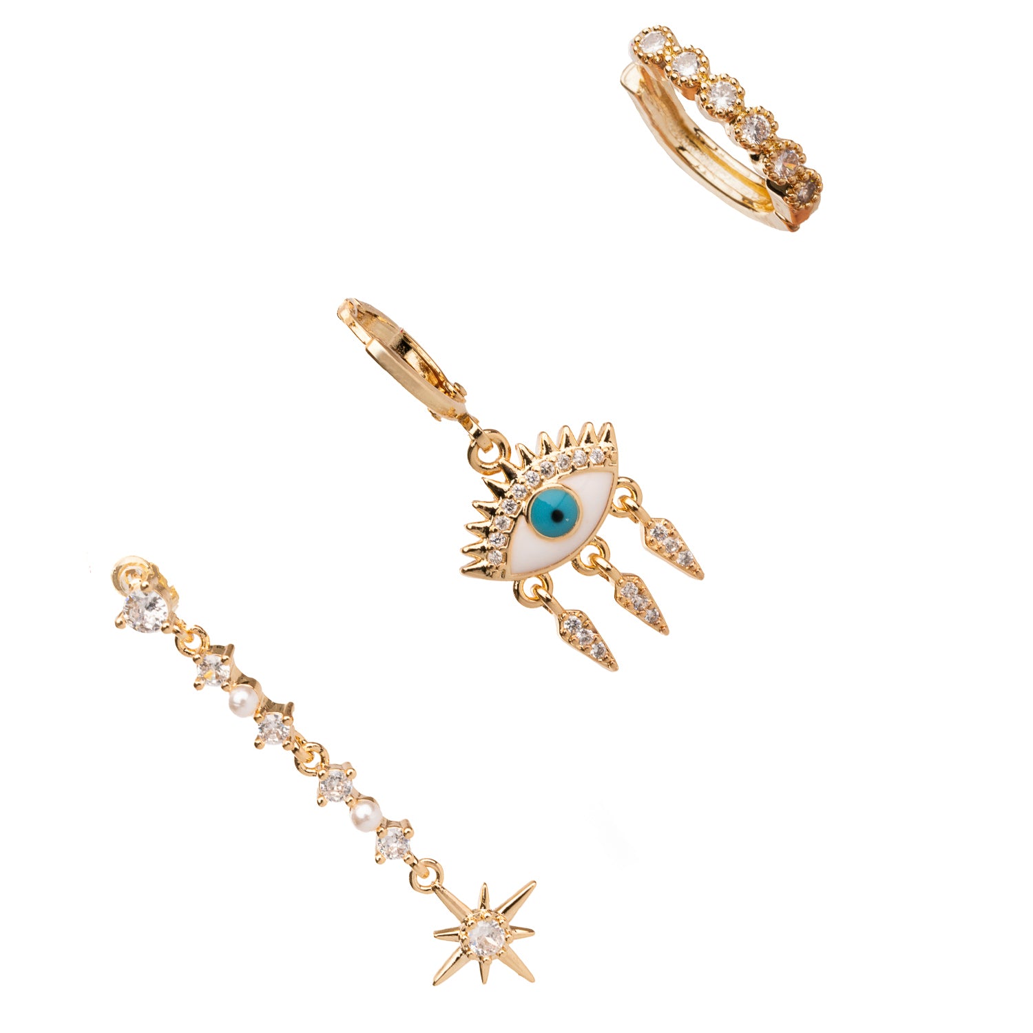 Guidance Star, Evil Eye, and diamond hoop gold earrings, combining elegance and spiritual protection.